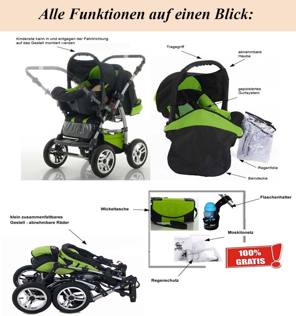 Kinder Kinderwagen babies-on-wheels Kombi-Kinderwagen Flash 3 in 1 inkl. Autositz - 15 Teile - von Geburt bis 4 Jahre in 18 Farb