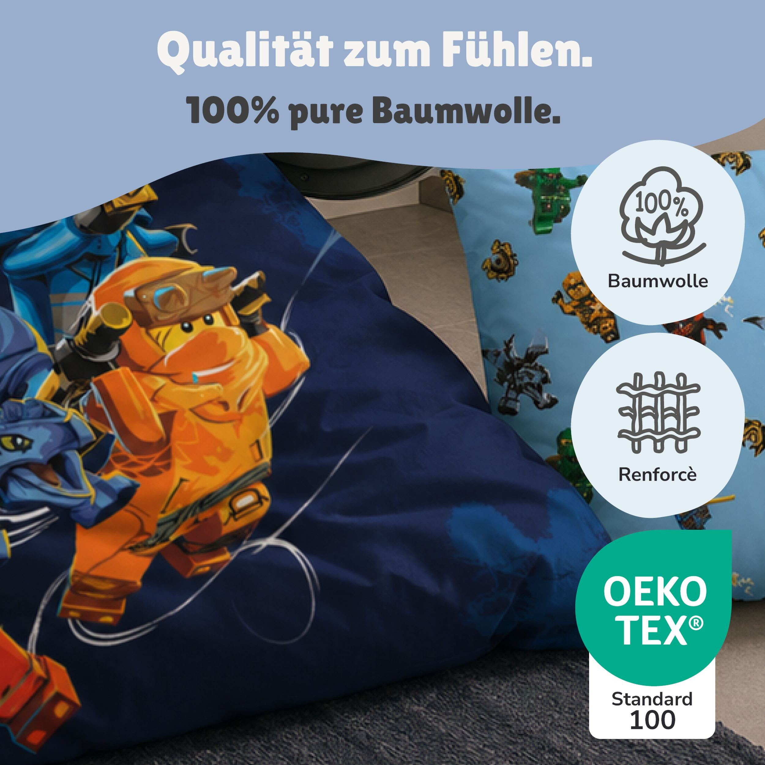 Familando Kinderbettwäsche Lego Ninjago Blau mit Lloyd Jay Kai uvm. aus 100% Baumwolle, Renforcé, 2 teilig, 135x200 80x80cm, Wendebettwäsche – Bild 5 von 5