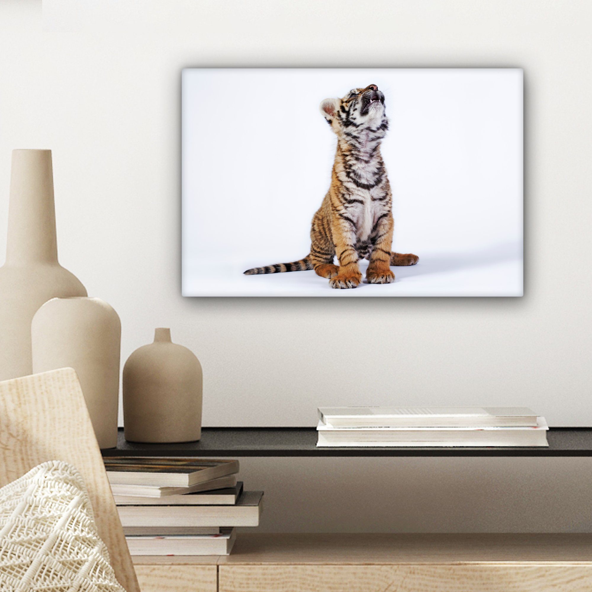 Leinwandbild bunt Tiger Jungtier (1 - 30x20 - Aufhängefertig, OneMillionCanvasses® Wandbild cm St), Leinwandbilder, Wanddeko, Weiß,