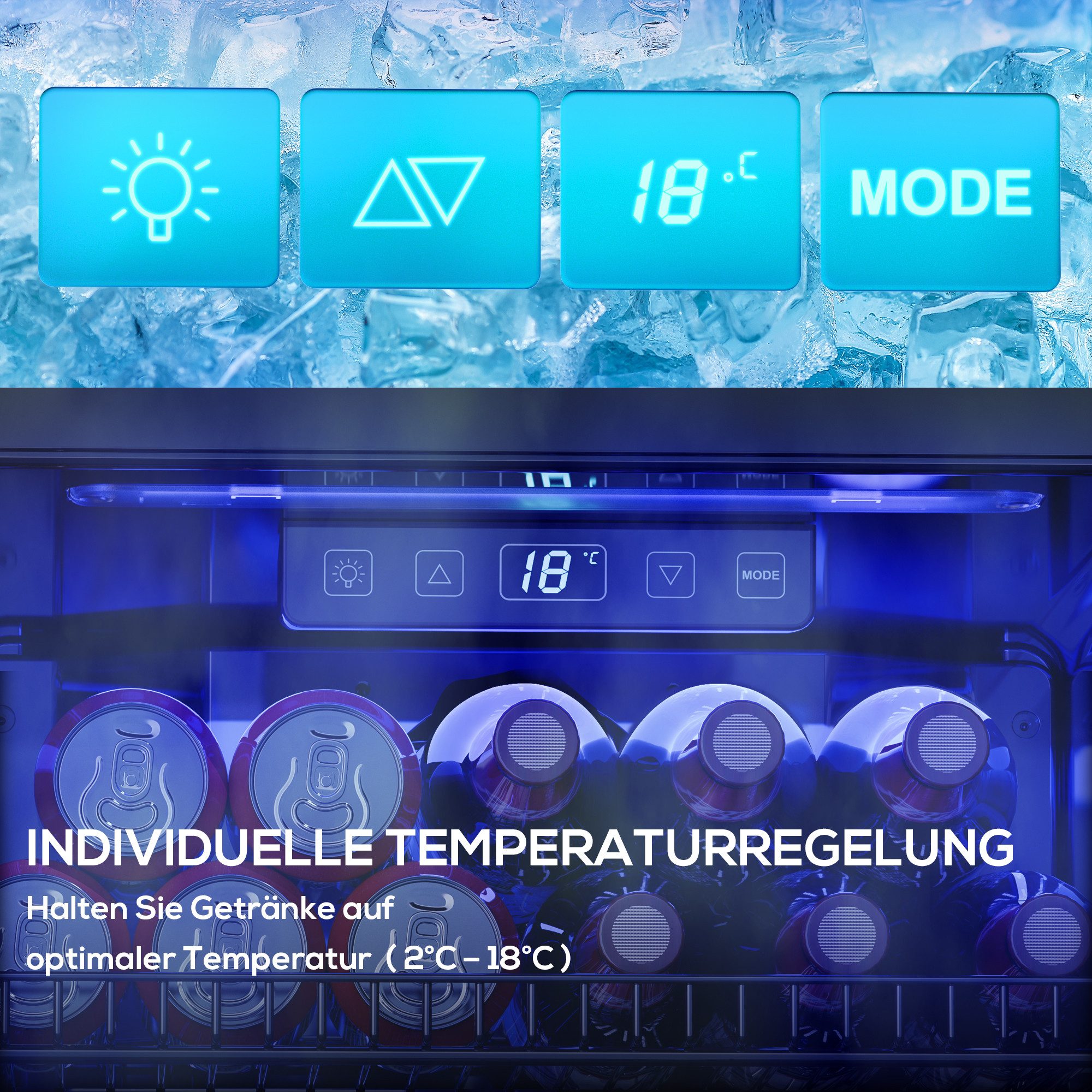 Furnicopia Getränkekühlschrank 90L, Doppelglas, LED, leiser Betrieb, silberner Aluminium-Rahmen KVC-90A, LED-Touch, verstellbare Füße & Ablagen, silberner Alu-Rahmen