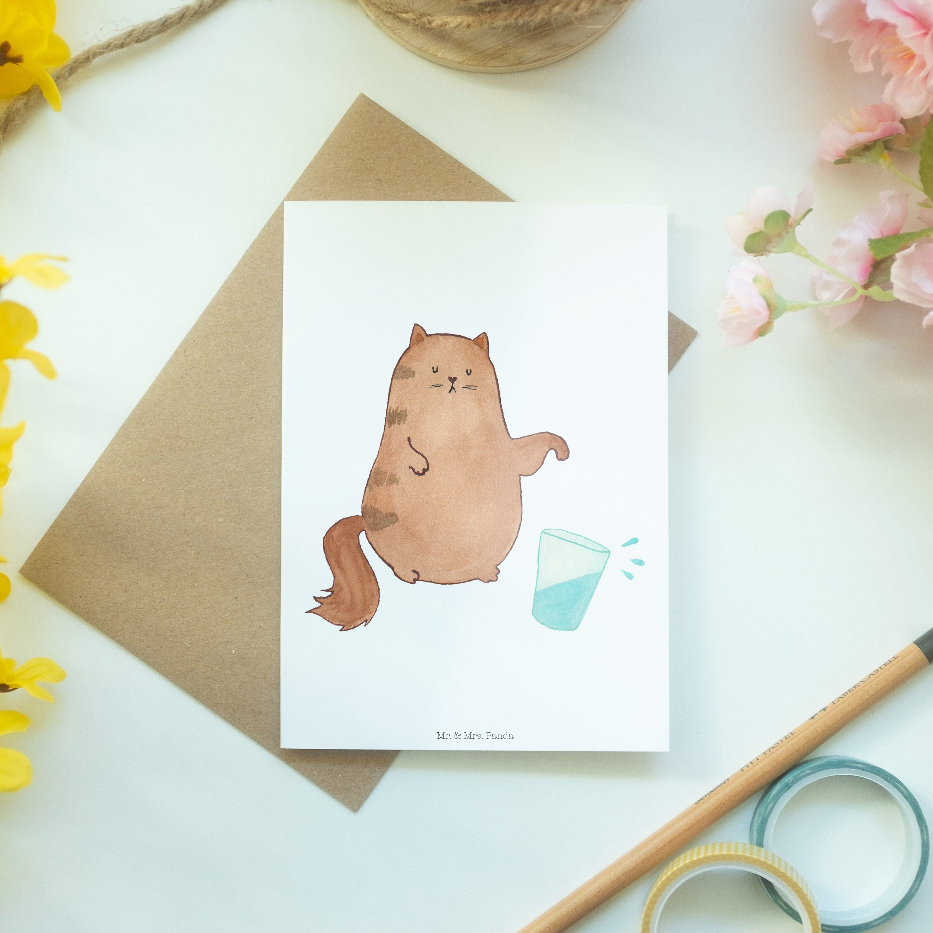 Katzen, Glückwunschkarte, - Mrs. Mr. - Geschenk, Grußkarte Einlad Panda & Katze Wasserglas Weiß
