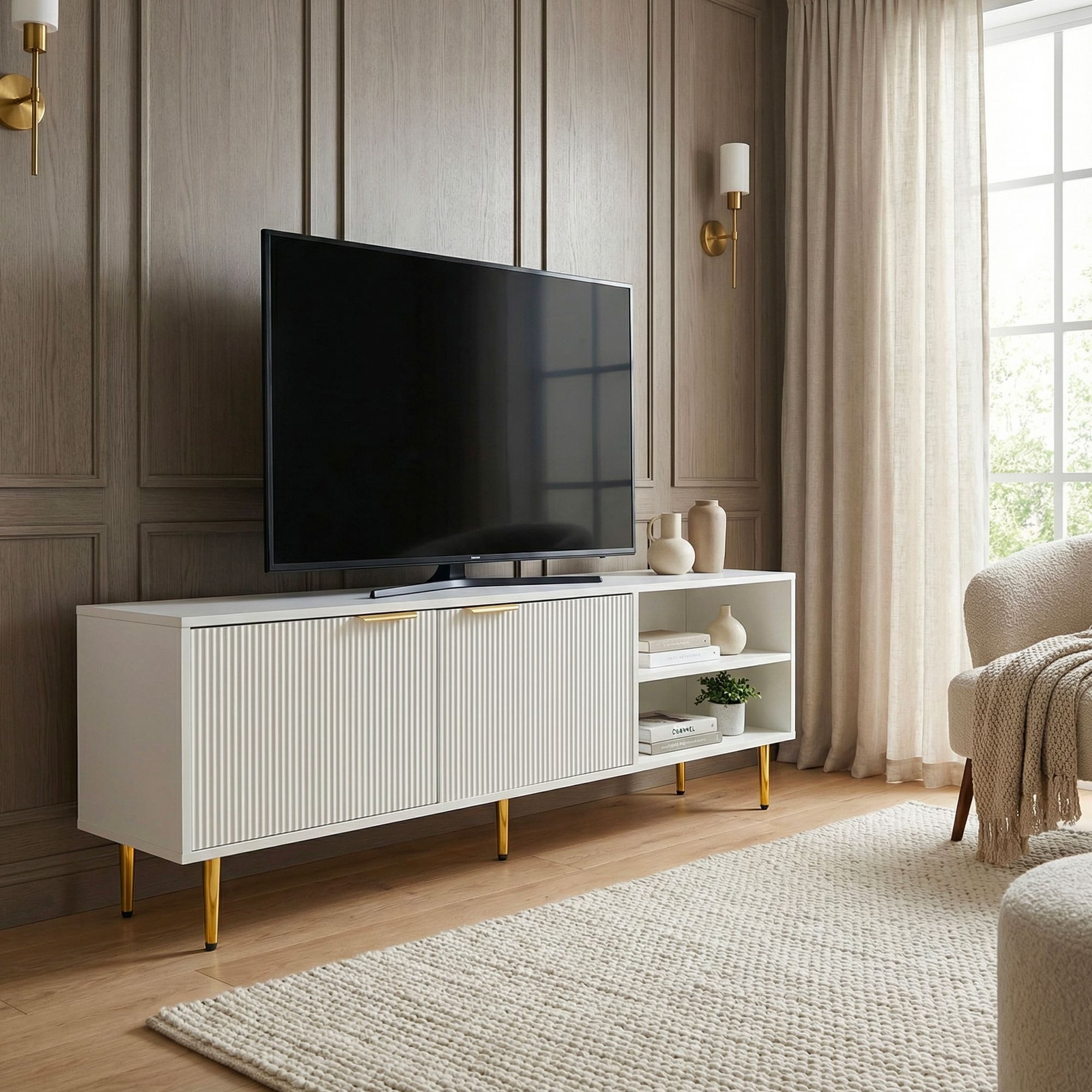 FineBuy Lowboard TV Möbel Weiß 150cm - TV Board mit Lamellenfront - TV Kommode mit 2 Türen und offenen Fächern - Fernsehkommode Fernsehunterschrank mit Metallbe – Bild 4 von 5
