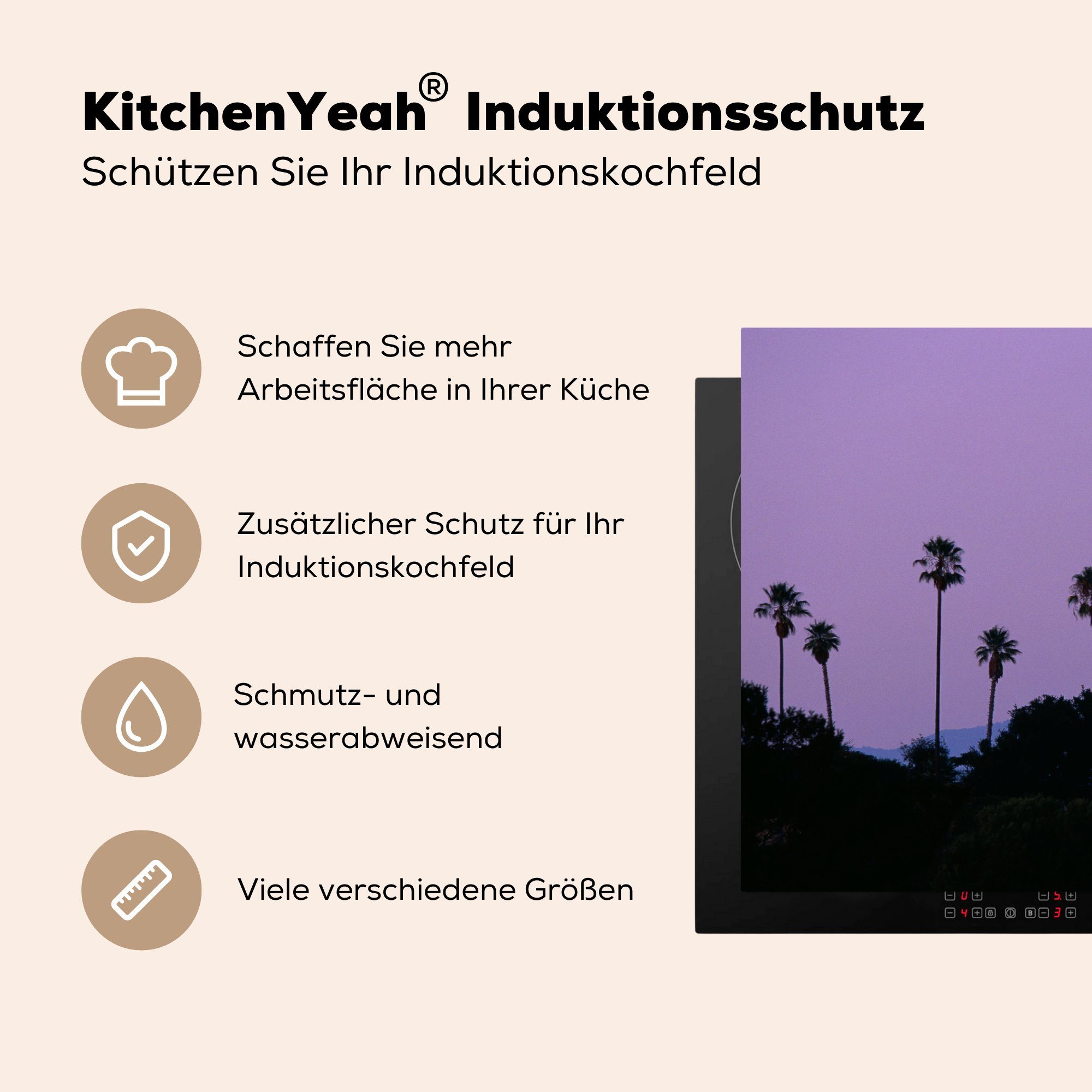 MuchoWow Herdblende-/Abdeckplatte Palmen für küche, Vinyl, Ceranfeldabdeckung Hollywood Schutz (1 81x52 in Abend, cm, die tlg), am Induktionskochfeld