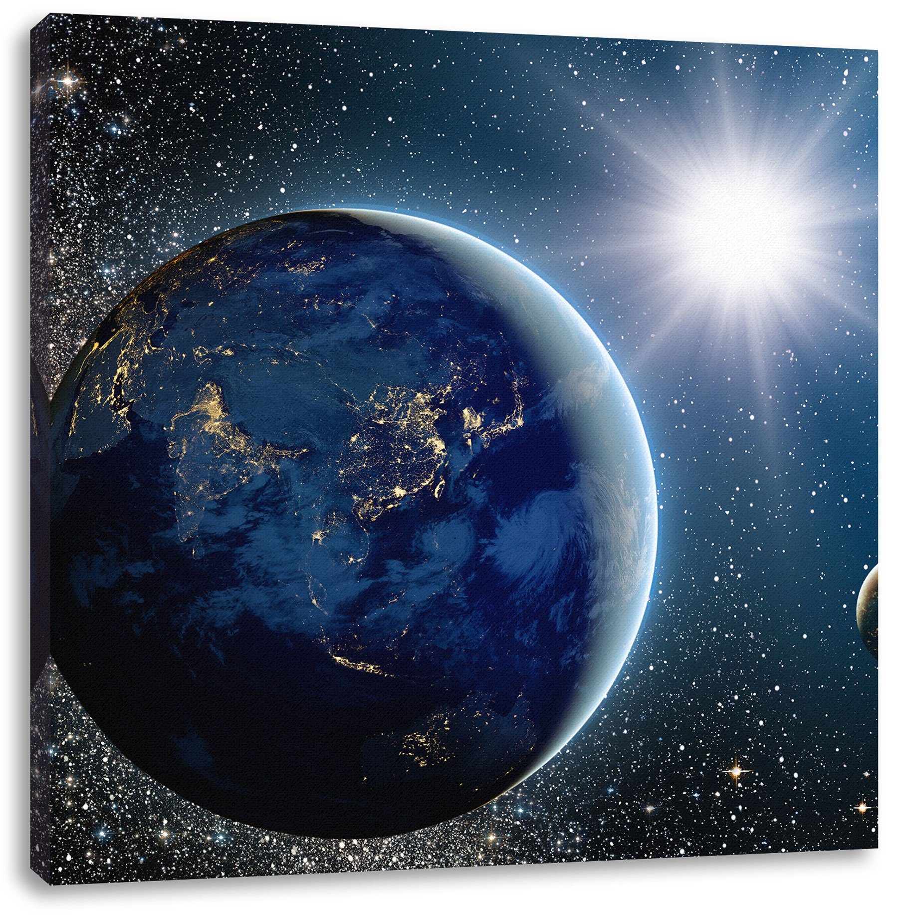 fertig Weltall, im Erde Weltall (1 inkl. St), Zackenaufhänger Pixxprint Leinwandbild Erde im Leinwandbild bespannt,