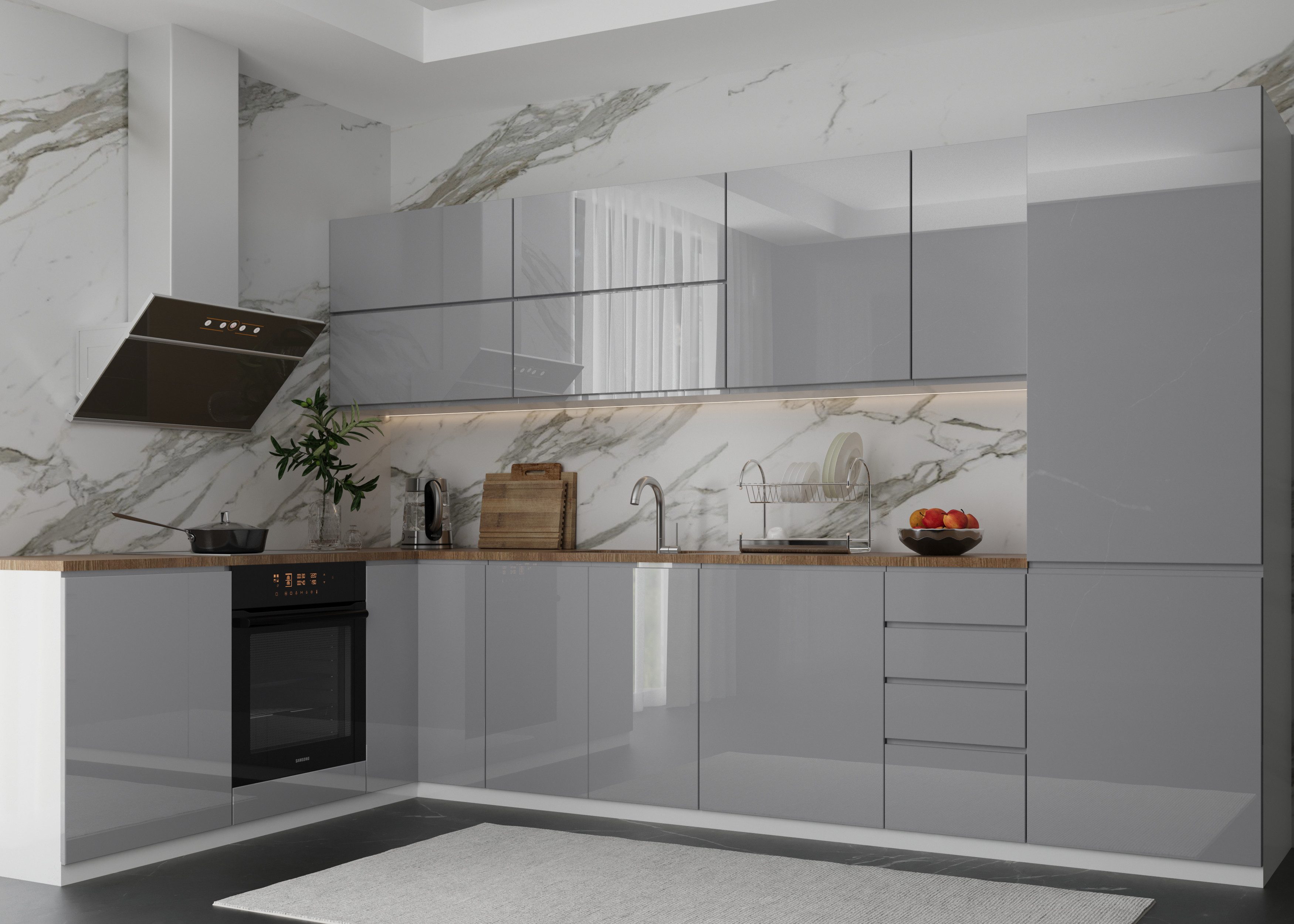 ROYAL24_MARKT Winkelküche K54-G330 R - Aspen - Praktische Räume und attraktives Design, (Komplett Set), Zeitlos - Exklusiv - Top Qualität.