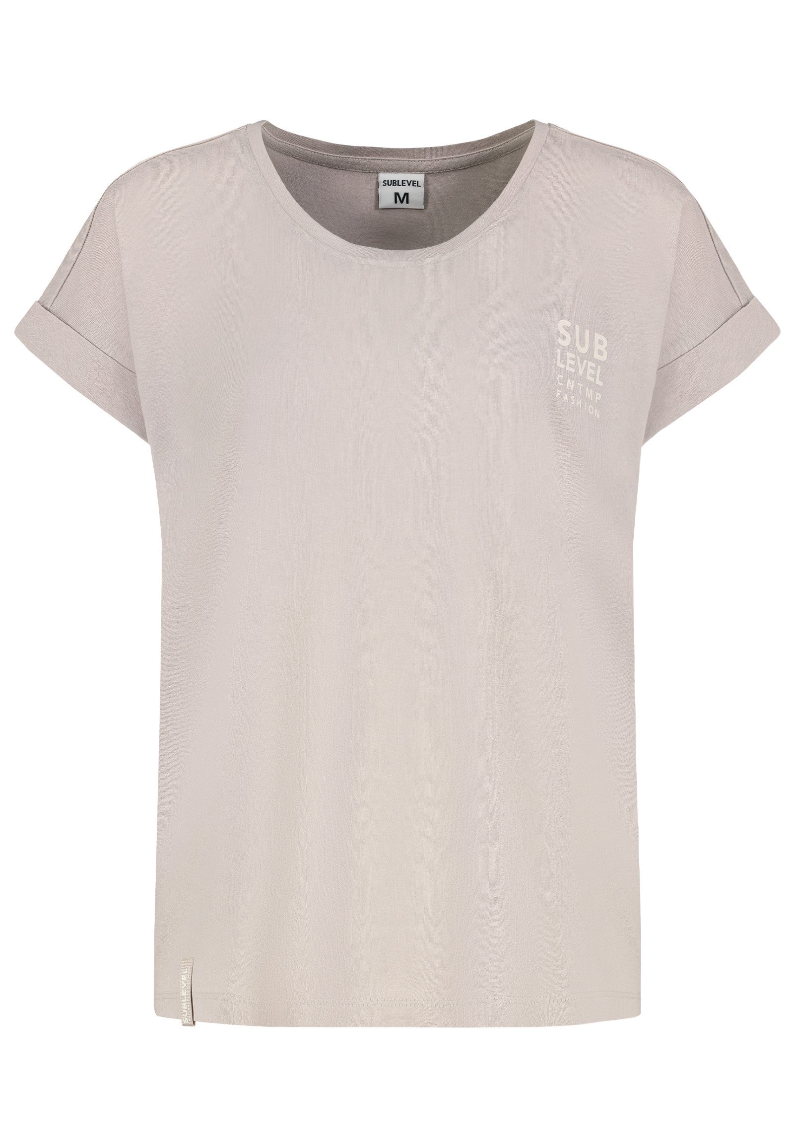 SUBLEVEL T-Shirt Damen Basic T-Shirt Logoprint Modal-Baumwolle T-Shirt mit Ärmelaufschlag