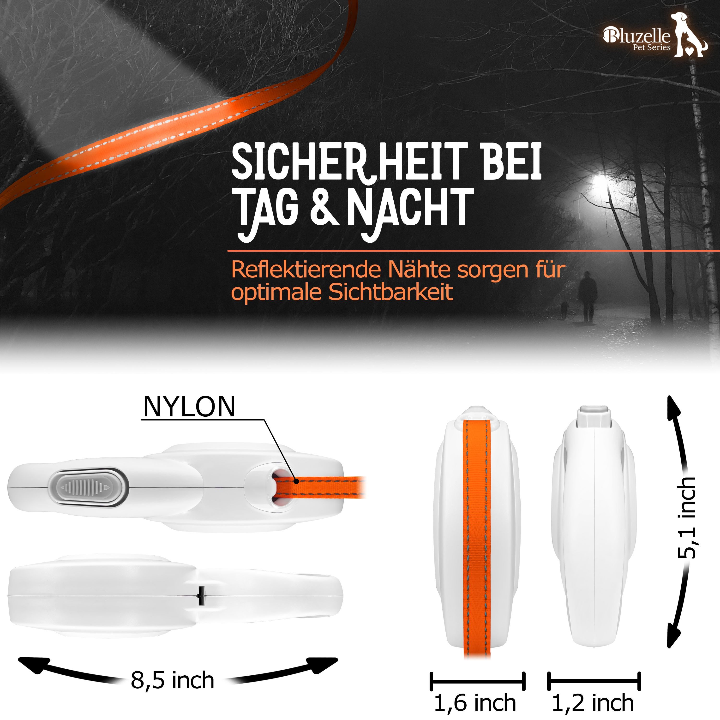 Bluzelle Rollleine, Nylon, Hundeleine für Hunde bis 50kg - 8m Rolleine mit Reflektor Gurt & Haken