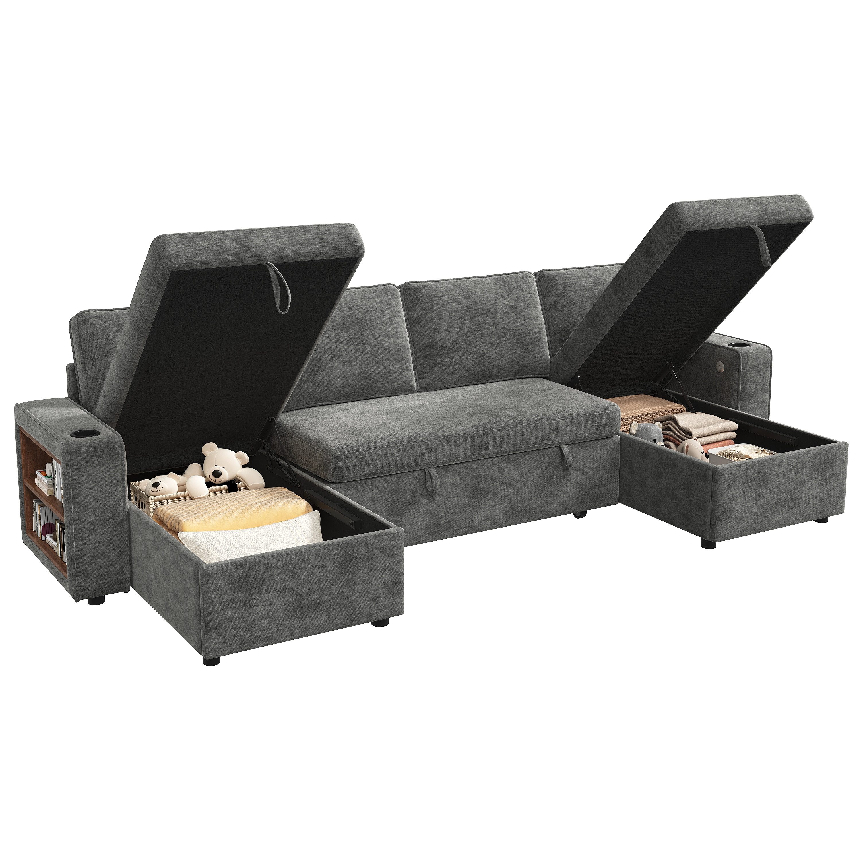 Merax Ecksofa U-förmiges Sofa mit USB-Anschluss, 270 x 125 x 86 cm 1 Teile, Ausziehbares Schlafsofa mit Stauraum, Becherhaltern & Ablage, Chenille
