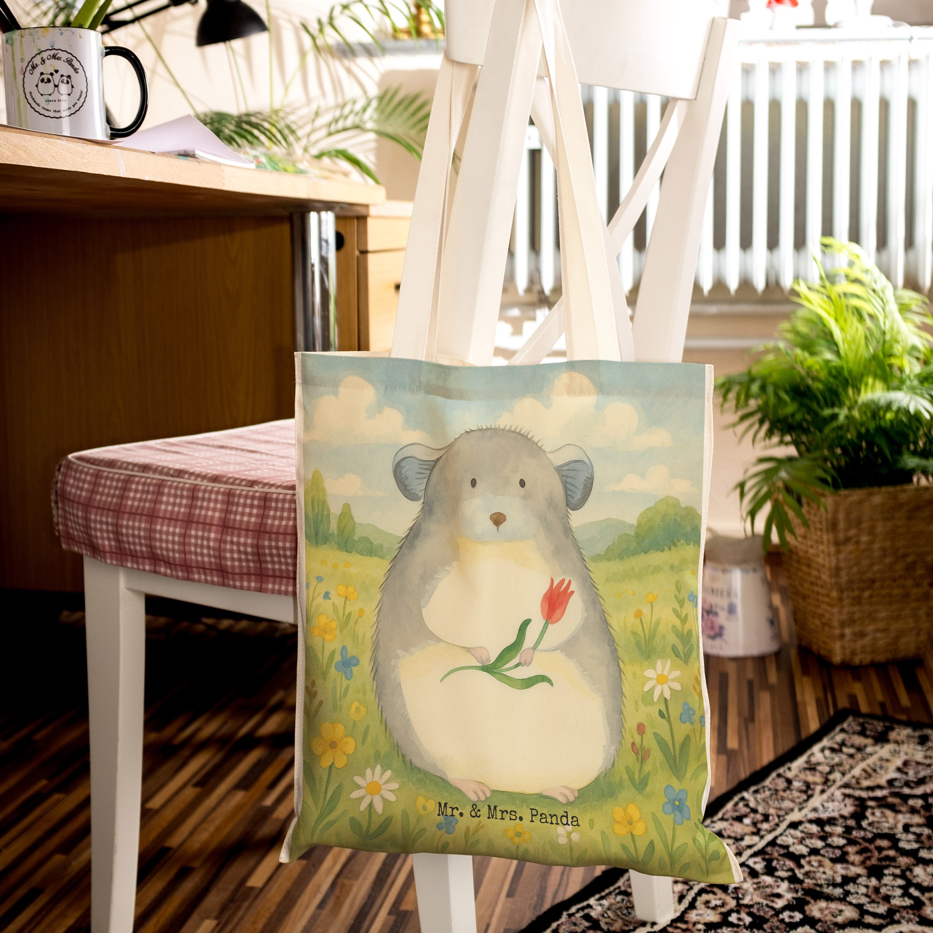 Mr. & Mrs. Panda Tragetasche Chinchilla Blume Design, Tote Bag, Weiß, Kummer, Einkaufstasche, Beut (Packung), cityshopper Tote Bag einkaufsshopper