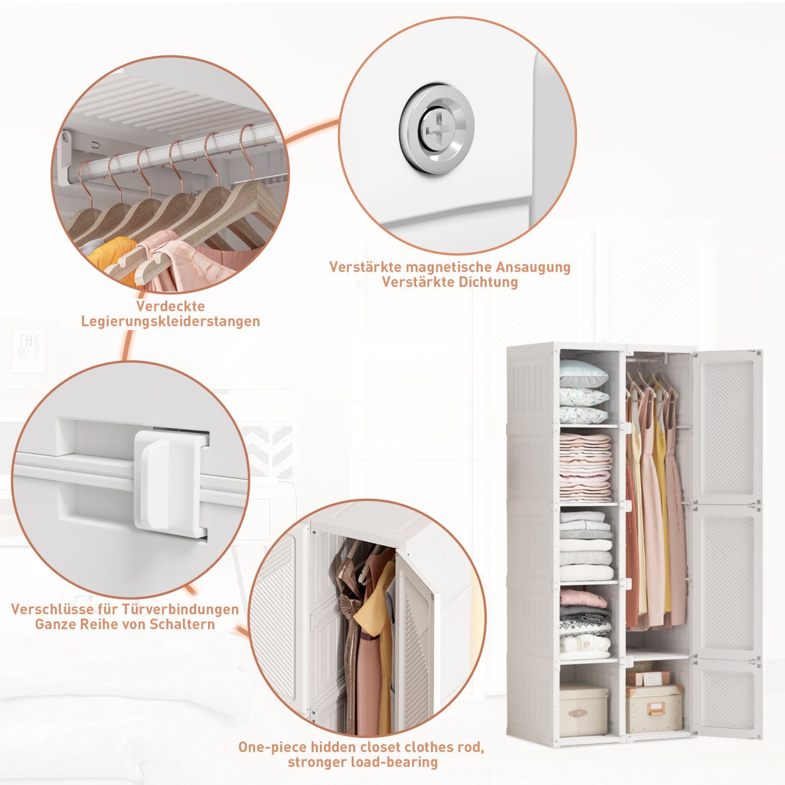 für SEEZSSA 170x69x50cm Kleiderschrank 8 Türen, Drehtürenschrank Schlafzimmer Kleiderschrank Fächer Diele Wohnzimmer mit 10 das Türen Aufhängung,