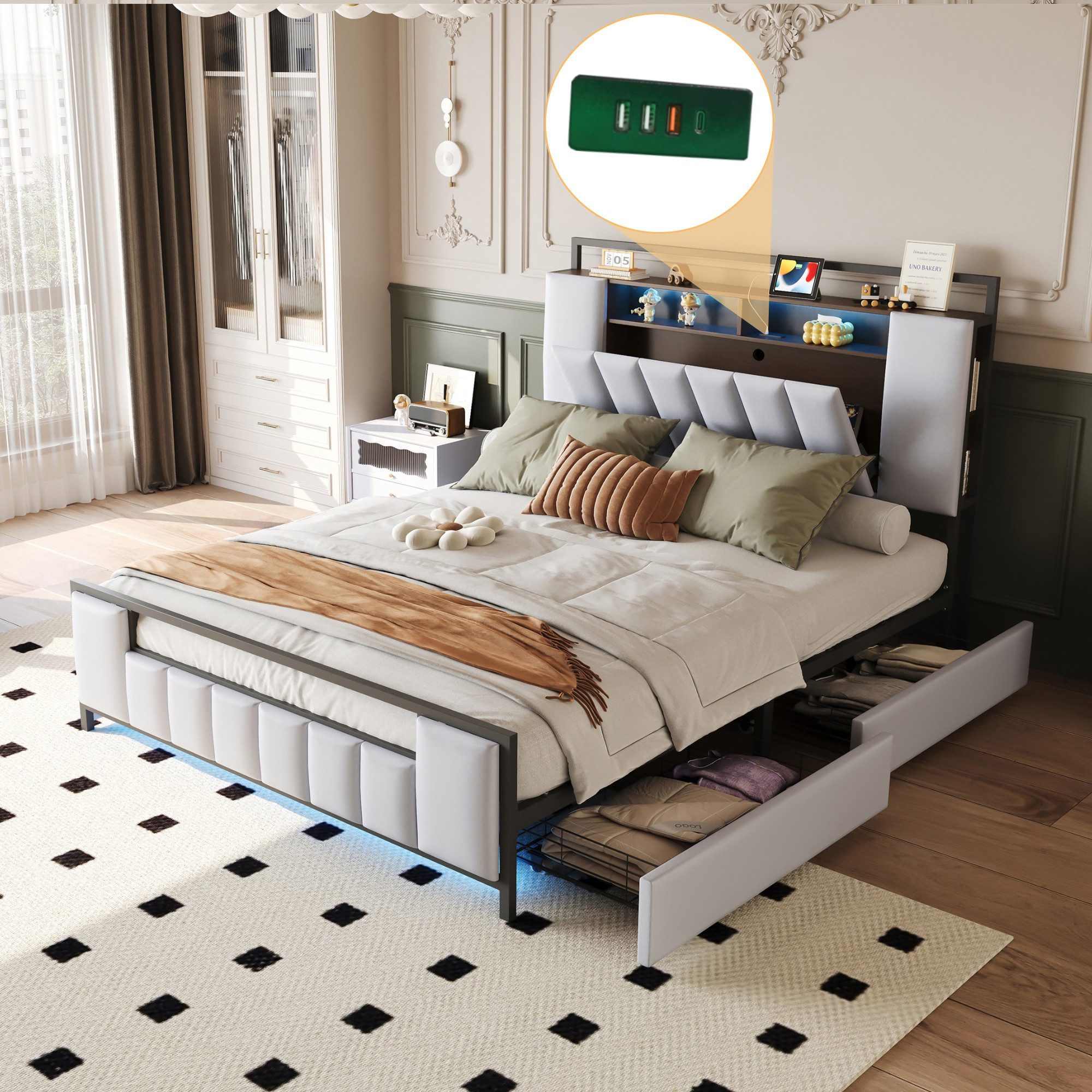 Polsterbett 160x200cm mit LED-Licht, USB-Steckdose, Schubladen, Kunstleder, Beige