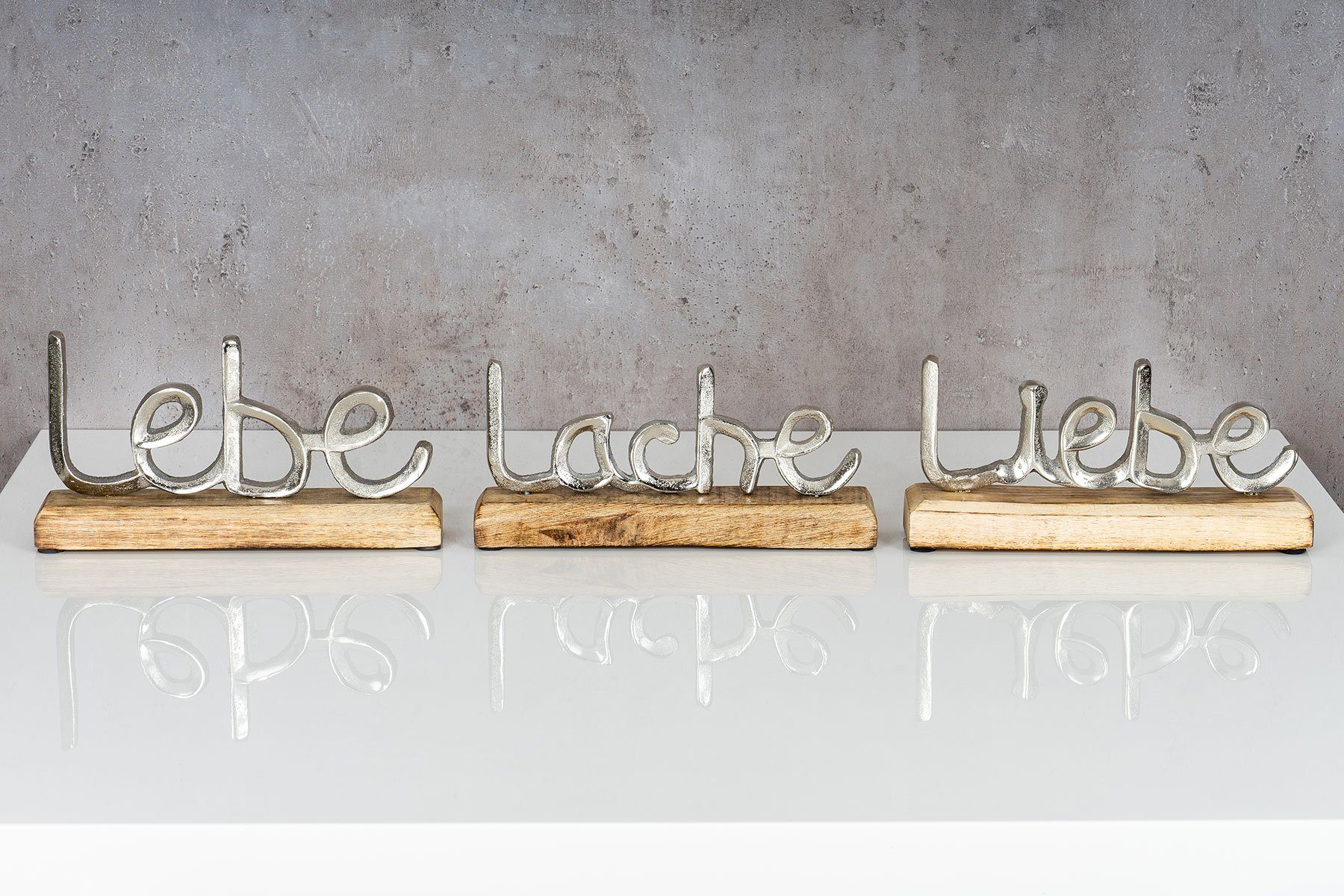 Levandeo® Deko-Schriftzug, 3er Set Schriftzug Lebe Lache Liebe L23cm Metall Silber Mango Holz