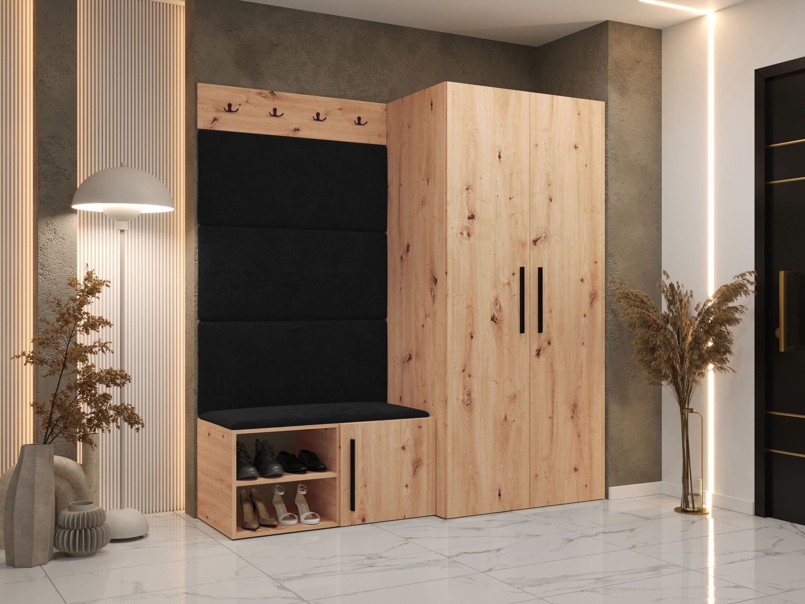 MIRJAN24 Garderoben-Set Medi I, (Drehtürenschrank, Schuhschrank, 4x Paneel 84x42), Kleiderstange, 4 Kleiderhaken für Kleidung