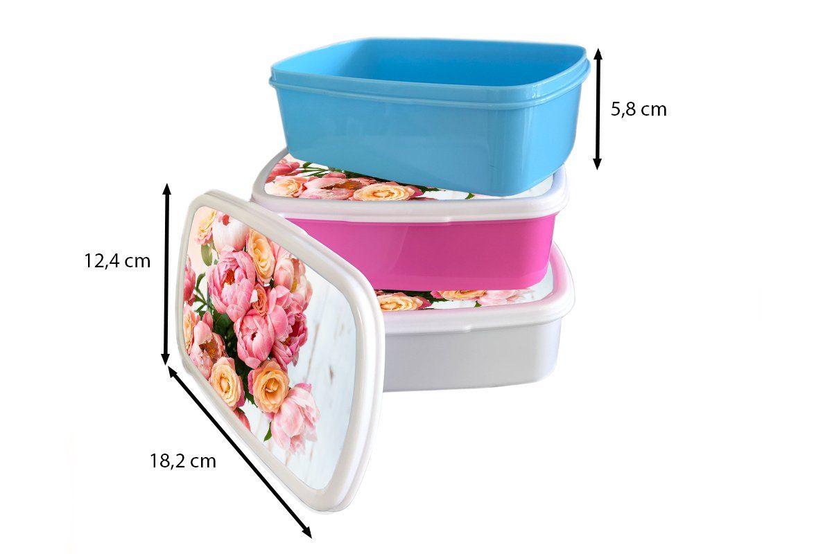 Brotbox Kunststoff Snackbox, für MuchoWow Pfingstrose Brotdose Orange, - Rosen Lunchbox (2-tlg), Kinder, Erwachsene, - Mädchen, rosa Kunststoff,