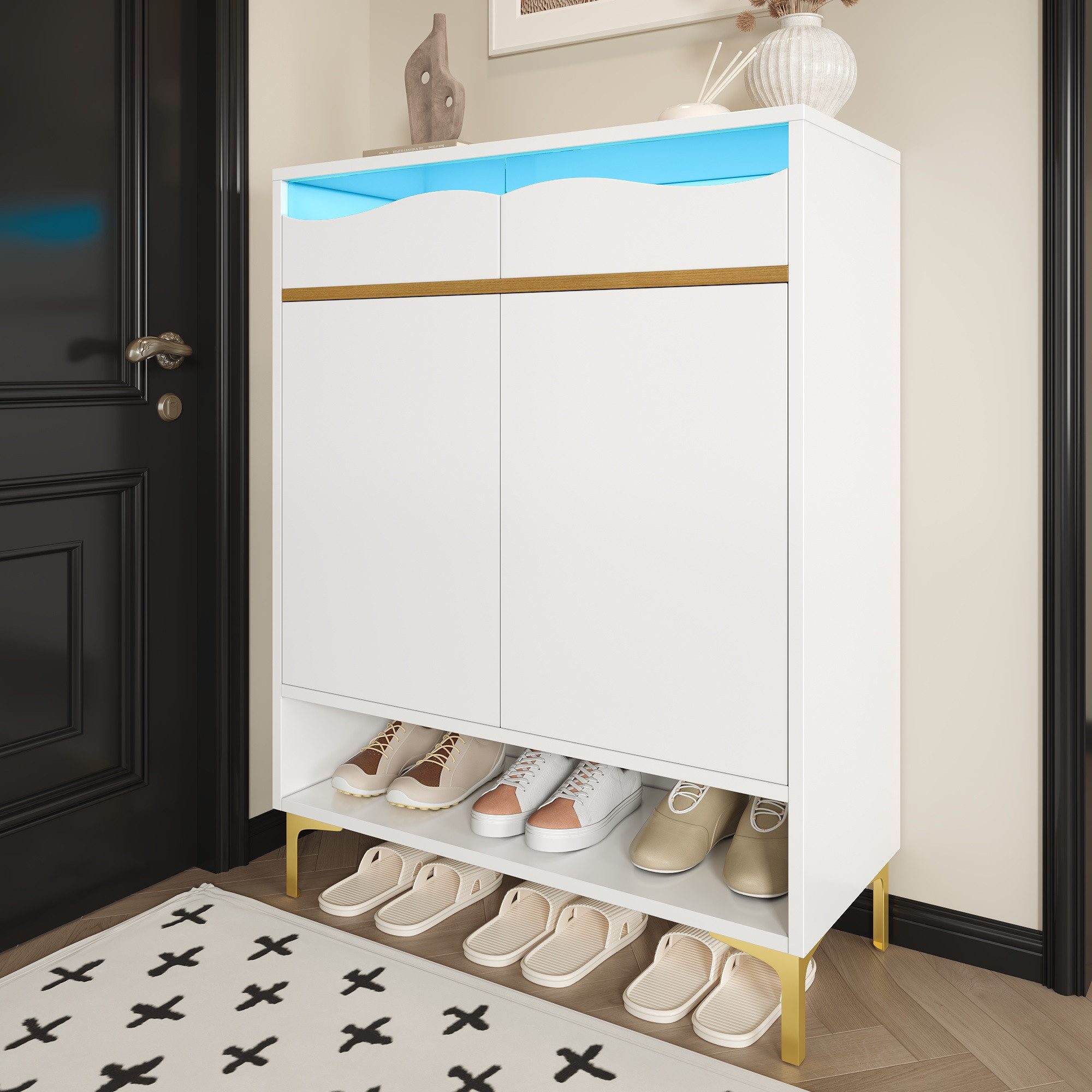 Schuhschrank Schuhkommode Schuhregal Flurschrank Schubladen Ablagen 80×35×105 Weiß