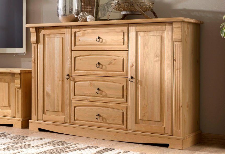 OTTO home Sideboard Anna (Gesamtmaße (B/T/H): ca. 140/44/88 cm), Kommode, Breite 140 cm, 4 Schubladen, 2 Türen, Massivholz, FSC®