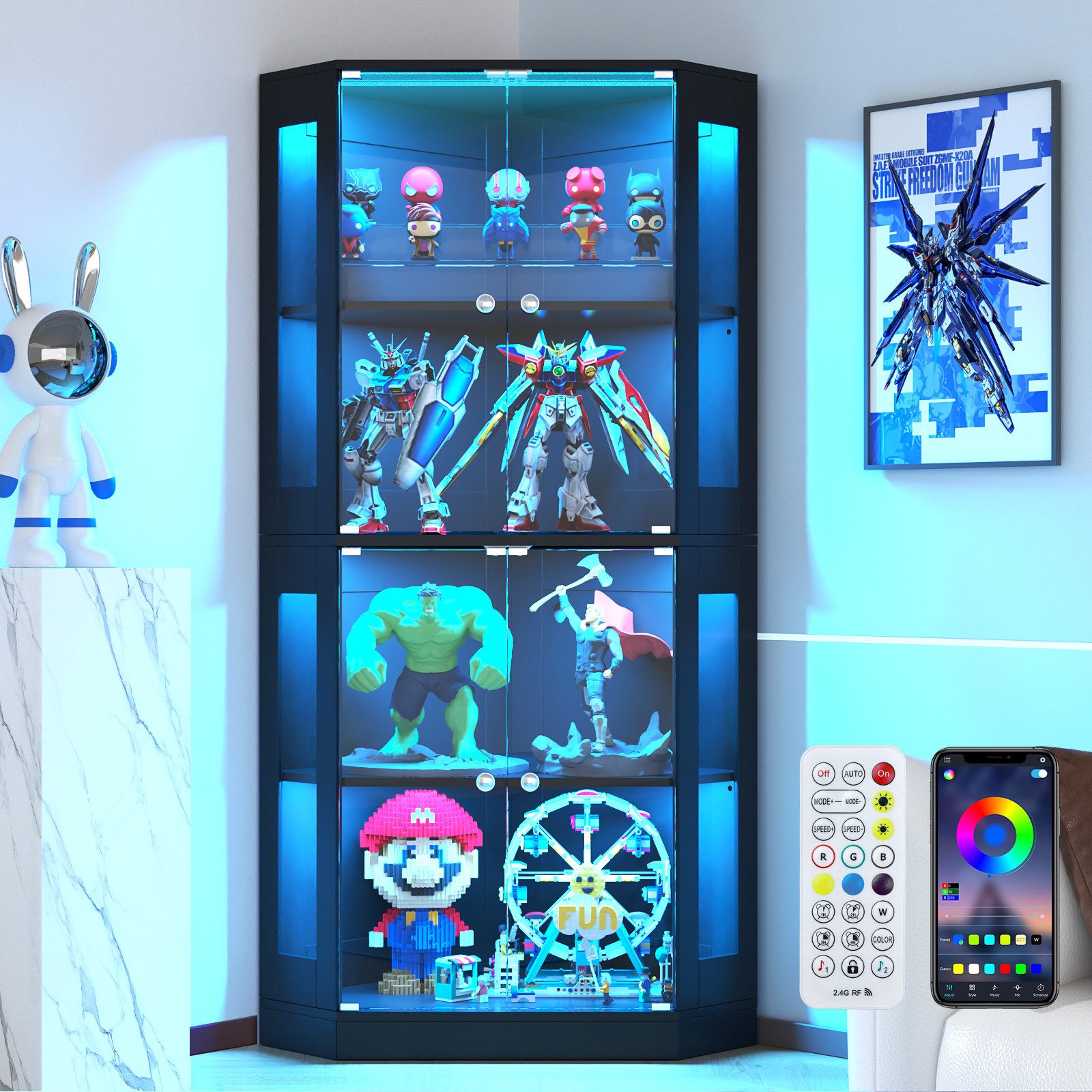 VOWNER Eckschrank Eckdisplay-Schrank mit Glastüren, 165 cm Beleuchtete Vitrine (1-St) 4-etagiges Regal mit Bewegungssensor, 3 Farblichtern