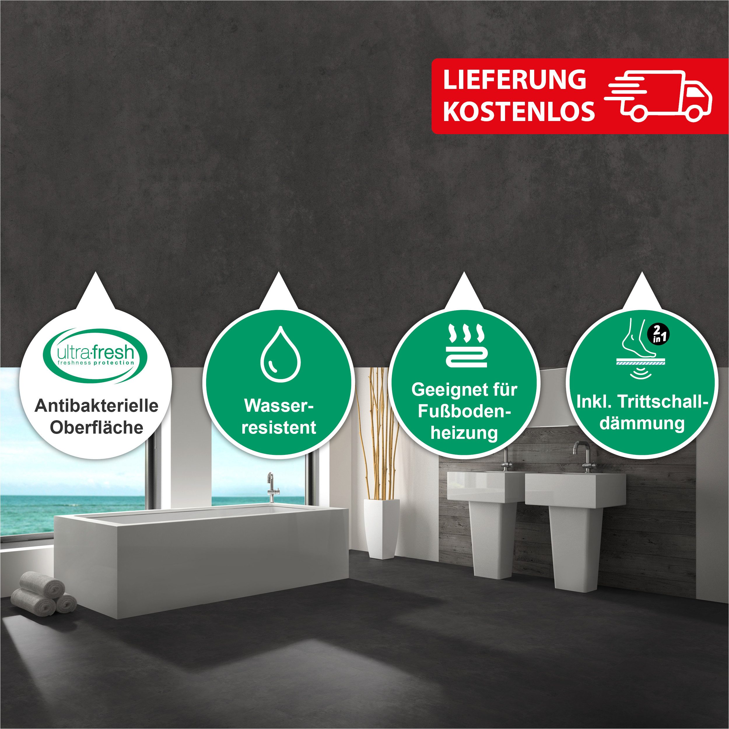 SLY Designboden Square (XL-Fliesenoptik) Klick-Vinylboden inkl. Trittschalldämmung, Packung mit 2,16 m², Versandkostenfreie Lieferung, Inkl. Trittschalldämmung, Wasserfest und mit Klicksystem