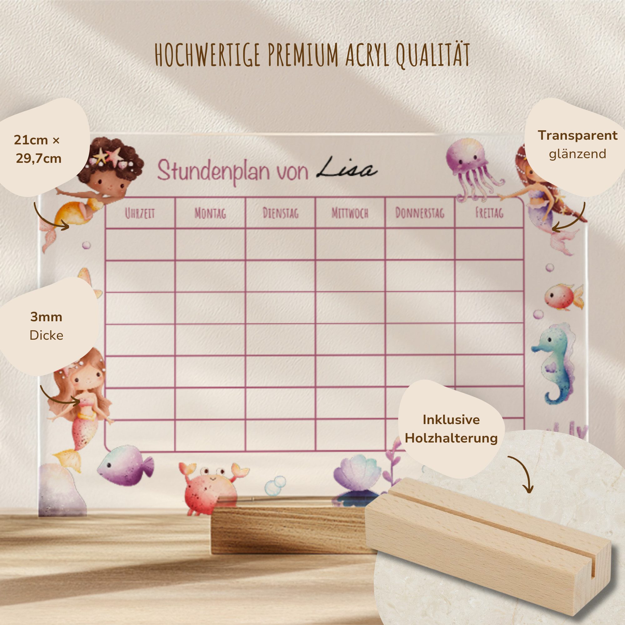 MeinBaby123® Schreibtischkalender Einschulung, Stundenplan Acrylglas transparent, Stundenplan abwischbar, Schulanfang Geschenk, inkl. Holzhalterung – Bild 5 von 5