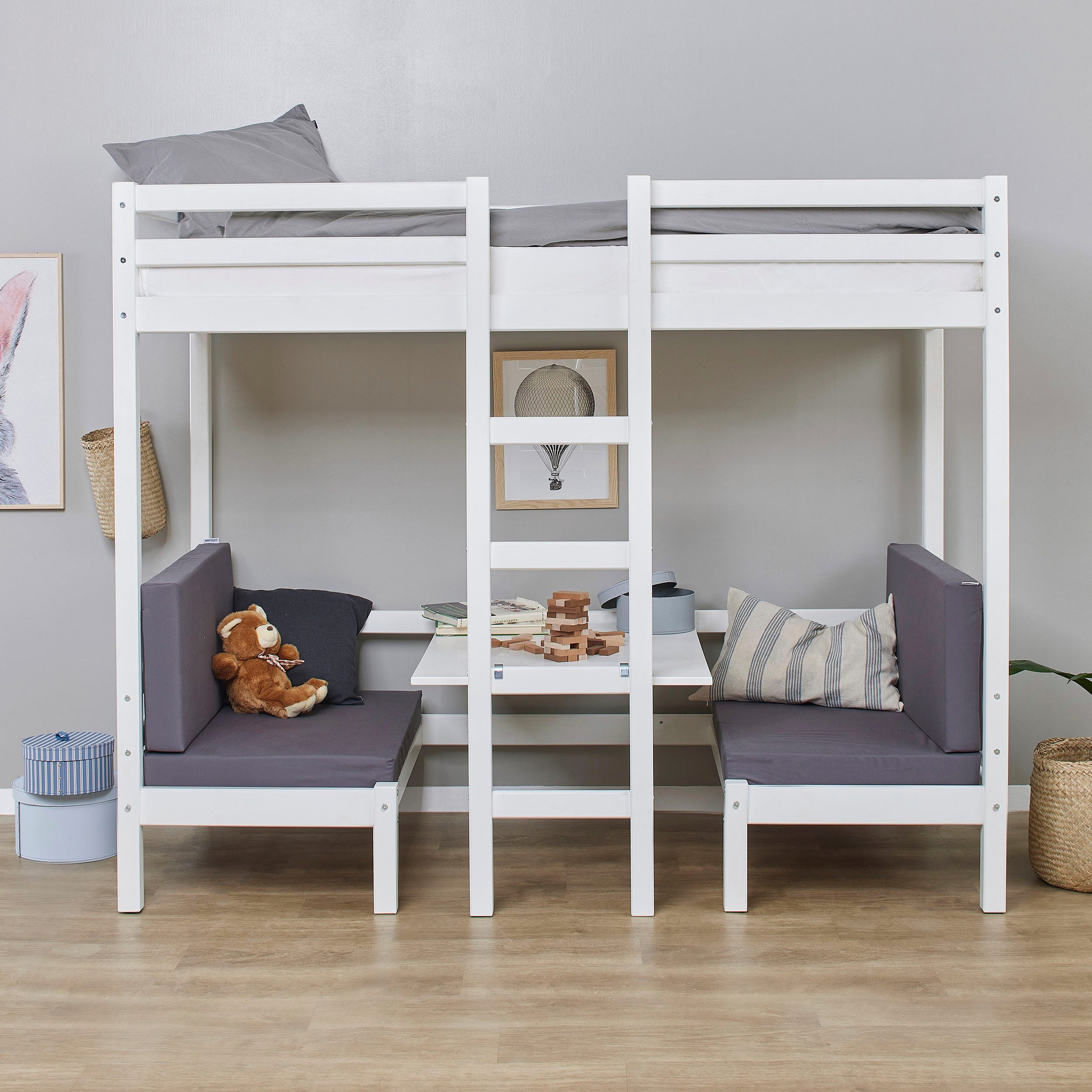 Hoppekids Hochbett ECO Dream, Kinderbett mit Funktion - Praktisch & flexibel Unteres Bett nutzbar als Bett oder Sitzgruppe. 90x200