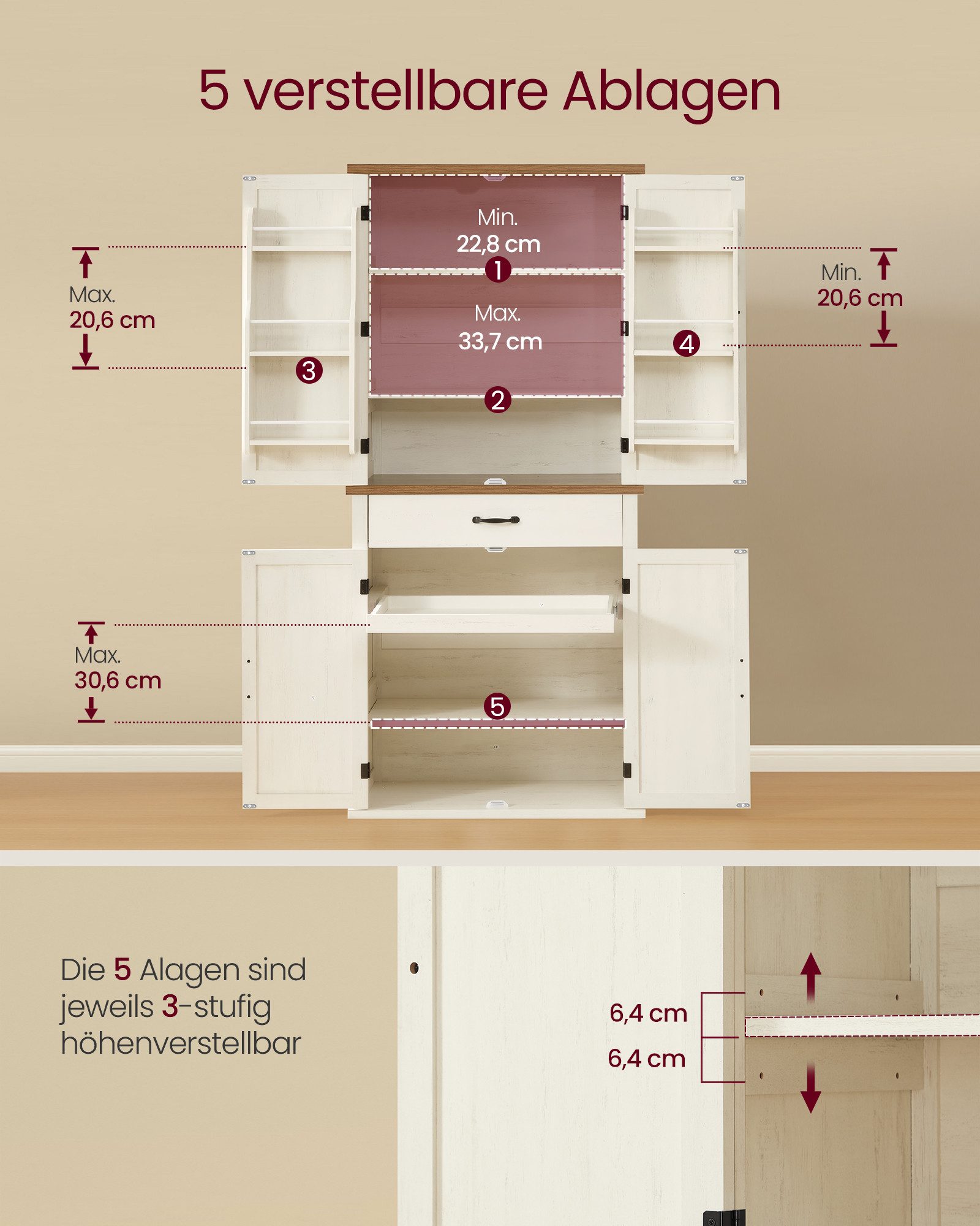 VASAGLE Buffet Küchenschrank,Sideboards, 178,6cm hoher Mehrzweckschrank,Landhausstil