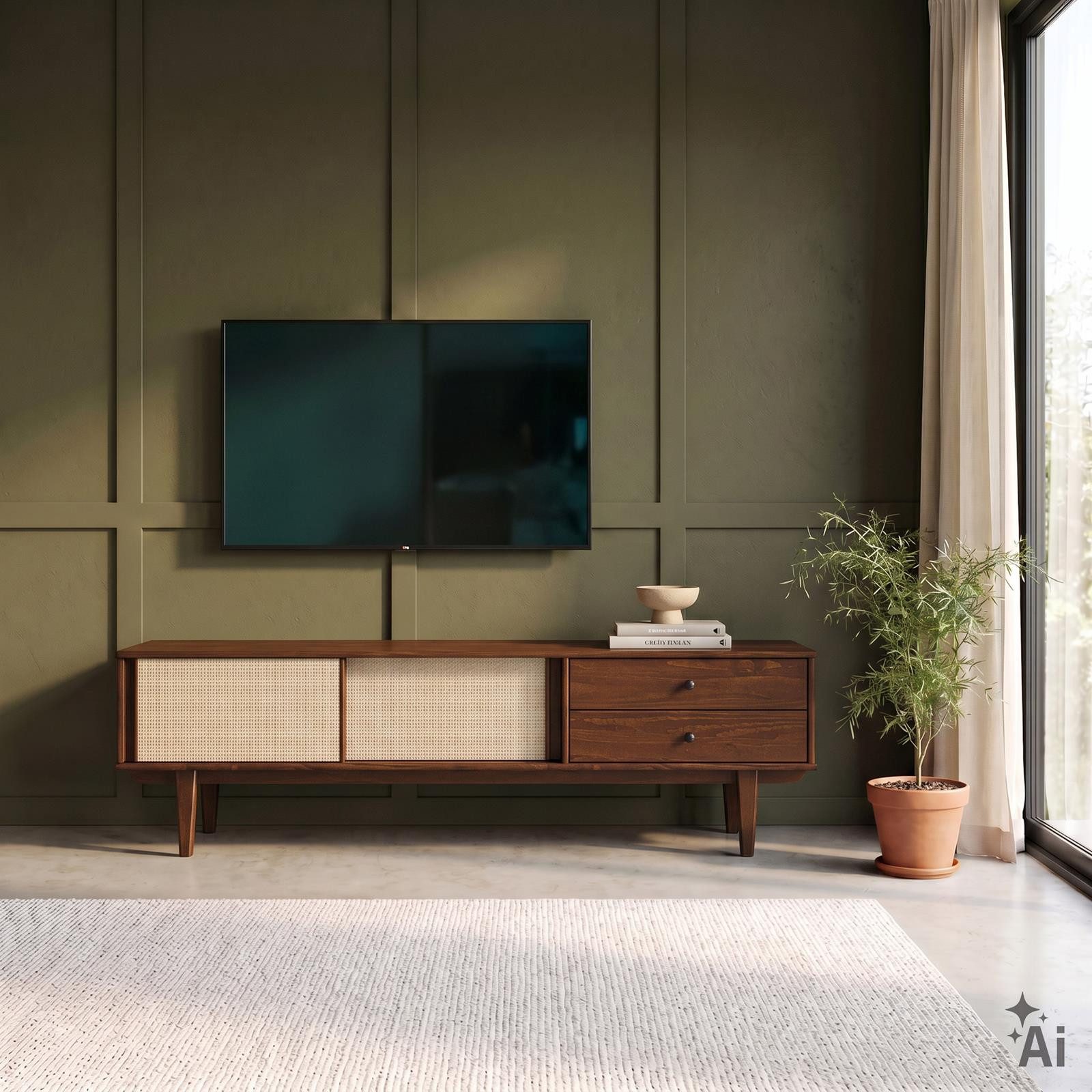 IDIMEX Lowboard SIMONA, TV Schrank 175 cm Massivholz Rattan Schiebetür Kastanie Finish
