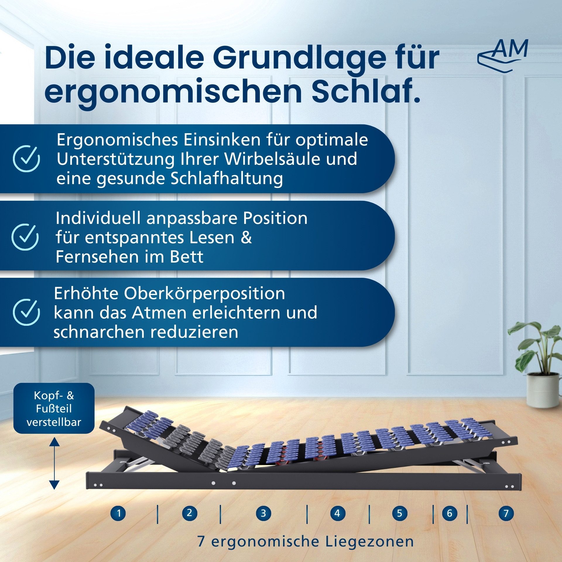 Tellerlattenrost Anpassungsfähiger 7-Zonen Lattenrost, Kopf- und Fußteil verstellbar, AM Qualitätsmatratzen, Kopfteil Kopfteil höhenverstellbar, Fußteil Fußteil 13-fach höhenverstellbar, 80x190 cm
