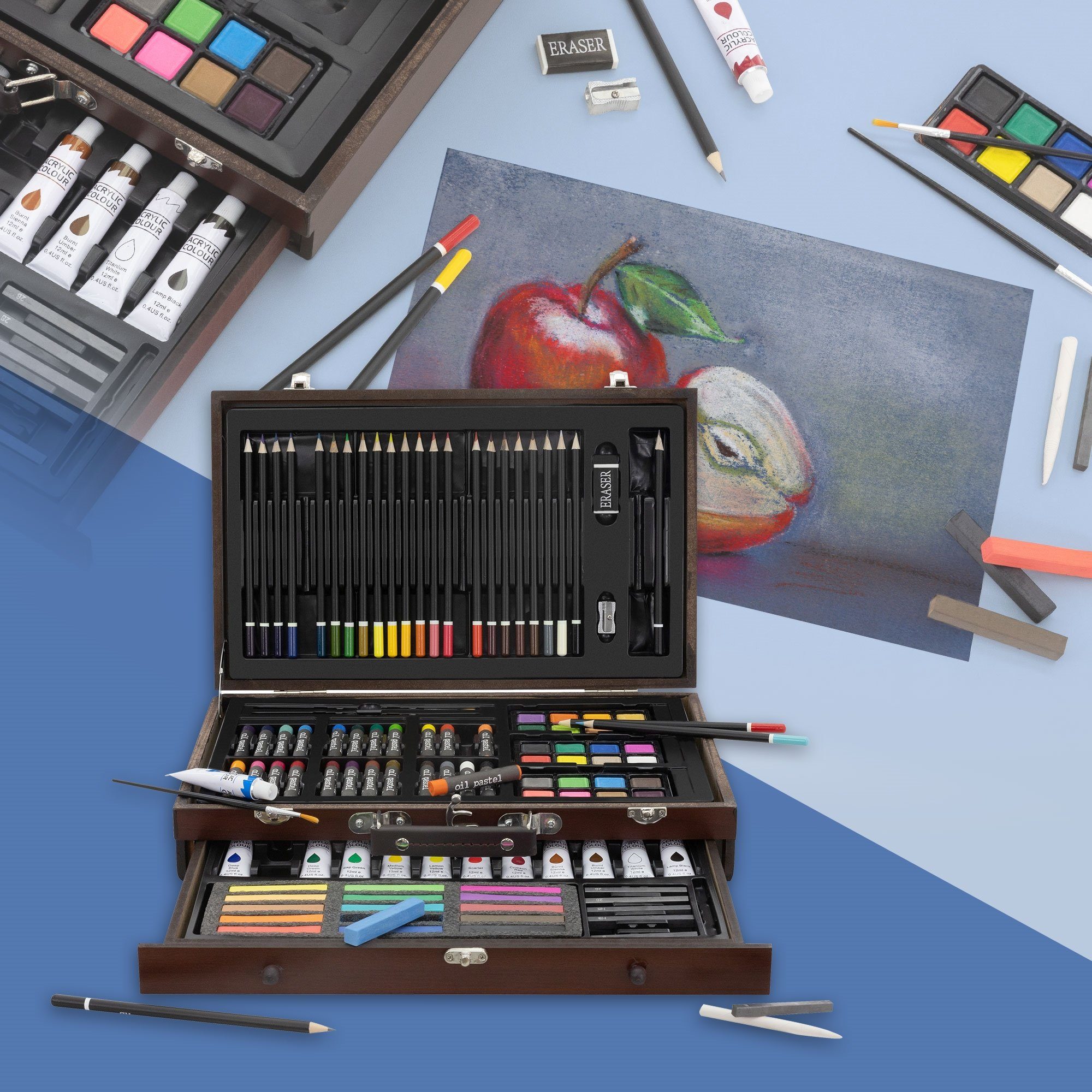 ECD Germany Kreativset Kunst- und Zeichenset Malkoffer für Kinder und Erwachsene, (112-tlg), 112 Teilig Buntstifte Öl- und Acrylfarben Malkreiden Wasserfarben