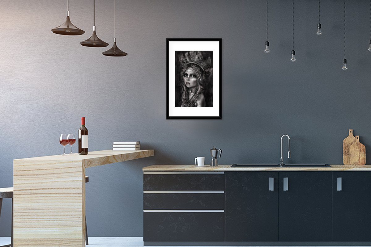 MuchoWow Poster Frau - Schwarz - Weiß, (1 St), mit Rahmen, Kunstdruck, Gerahmtes Poster, Schwarzem Bilderrahmen