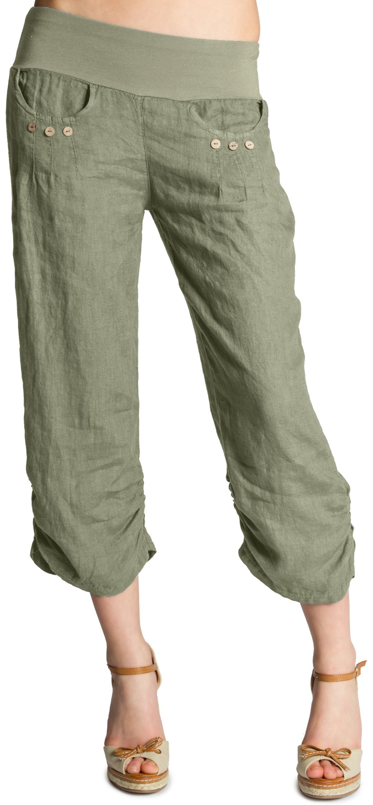 Caspar Leinenhose KHS017 Damen 3/4 Hose aus robustem Leinen mit breitem Stretch Bund - Made in Italy