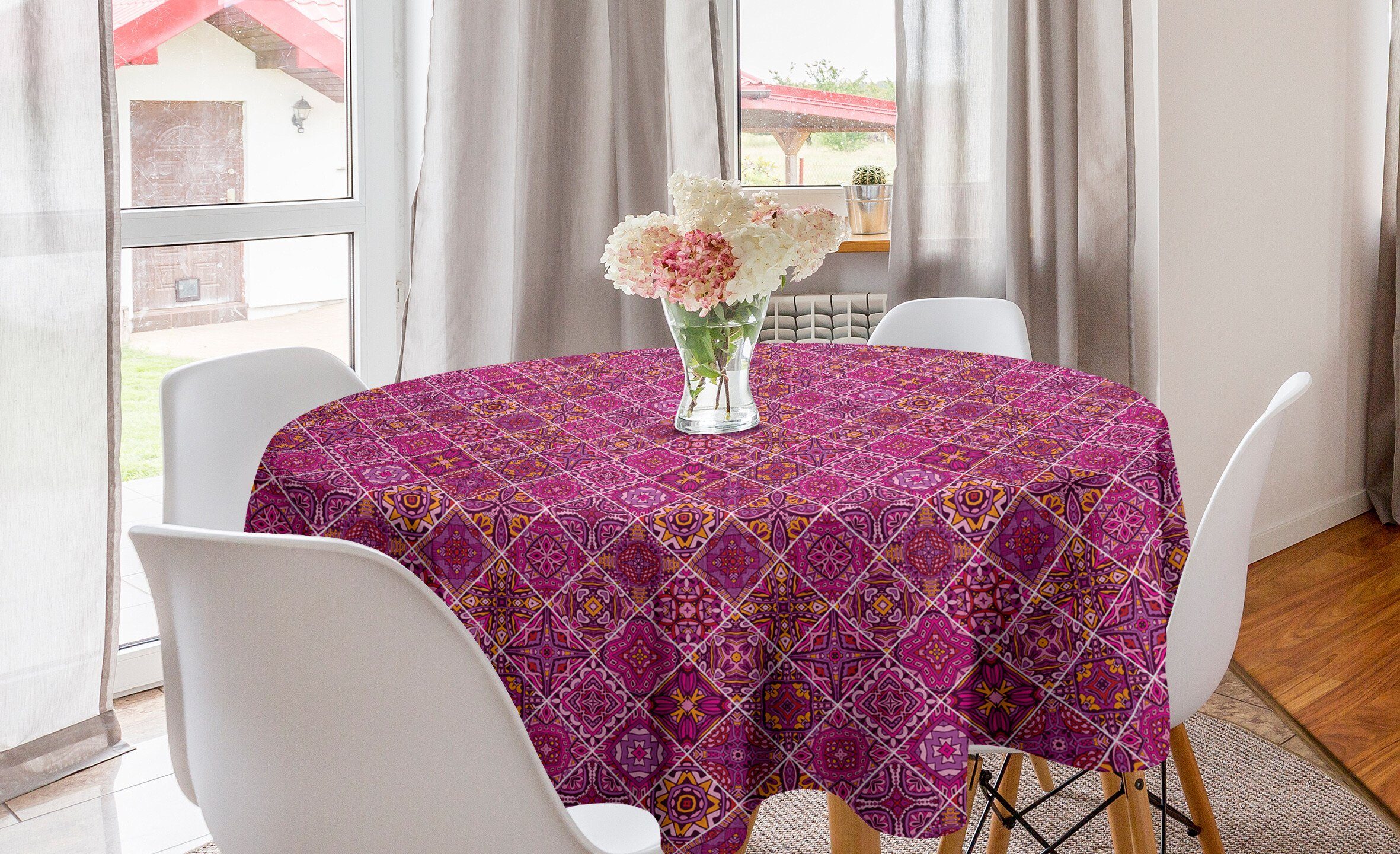 Abakuhaus Tischdecke Kreis Tischdecke Abdeckung für Esszimmer Küche Dekoration, marokkanisch kariertes Rosa | Tischdecken