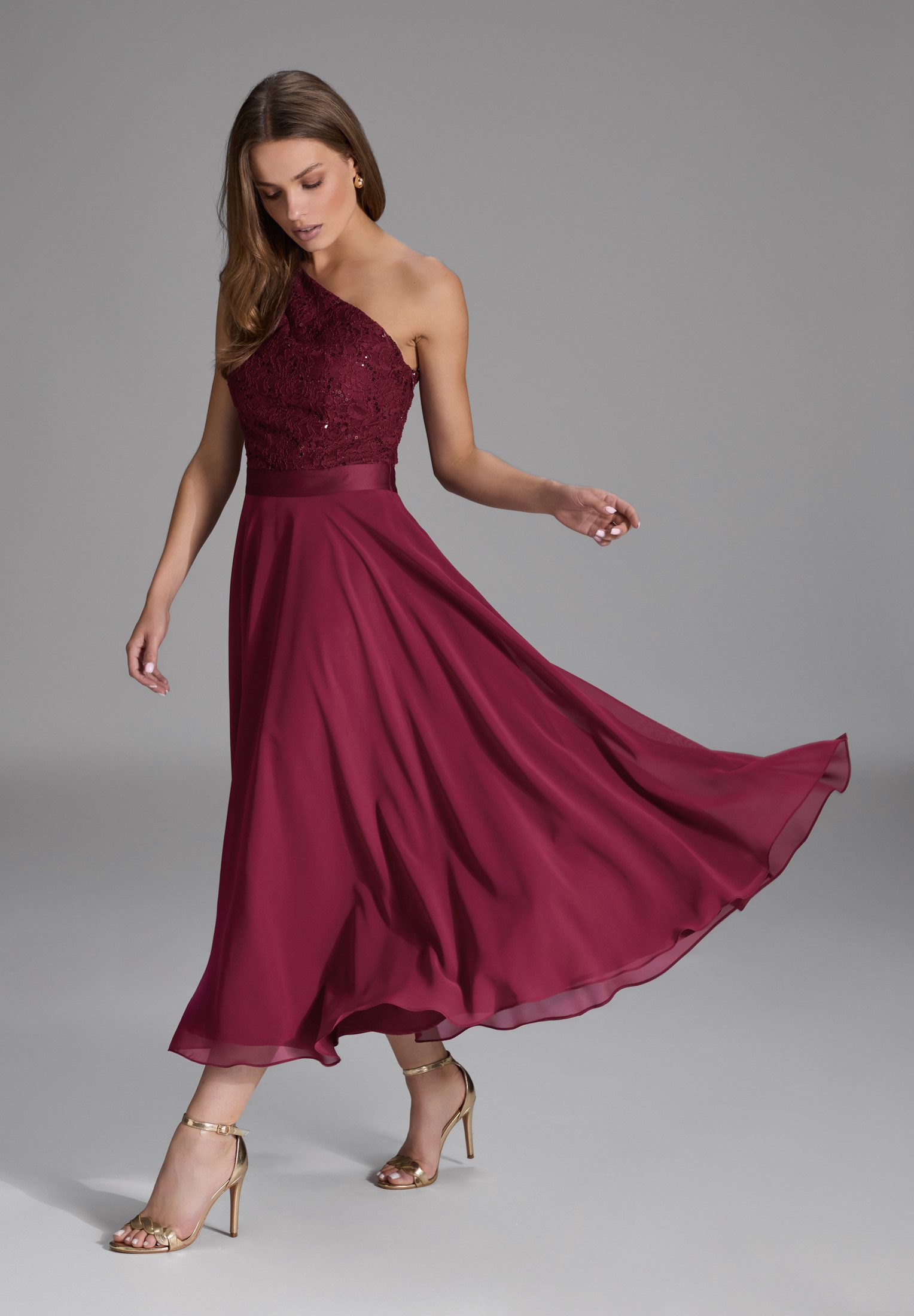 SWING Cocktailkleid - One Shoulder Midi Kleid aus Material Mix Taillierte P günstig online kaufen