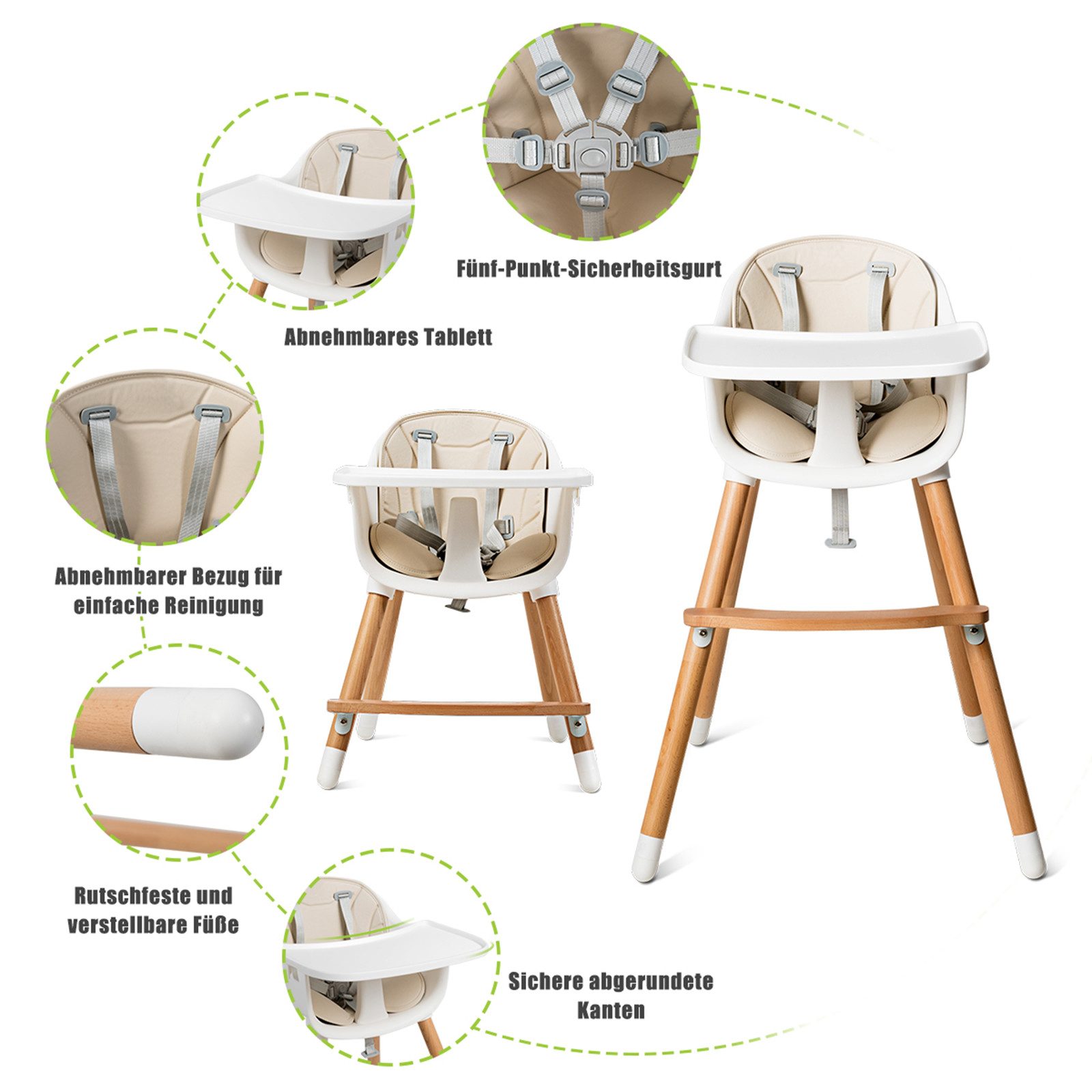 COSTWAY Hochstuhl 2 in 1 Babystuhl, aus Holz, höhenverstellbar, einstellbar