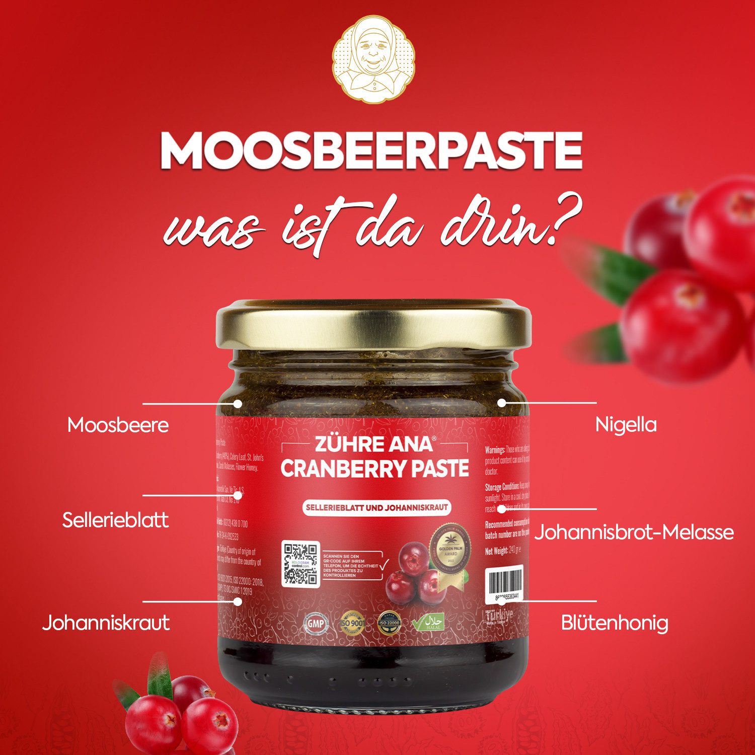 Zühre Ana® Cranberry Paste – Gesundheit der Knochen, Harnwege und des Immunsystem Paste, 240 g, Cranberry Paste – Reich an Vitamin C, natürlich.