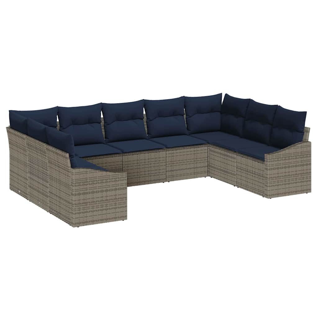 vidaXL Gartenlounge-Set Gartensofa-set 9 pcs Grau und Marineblau Poly-Rattan, (9-tlg)