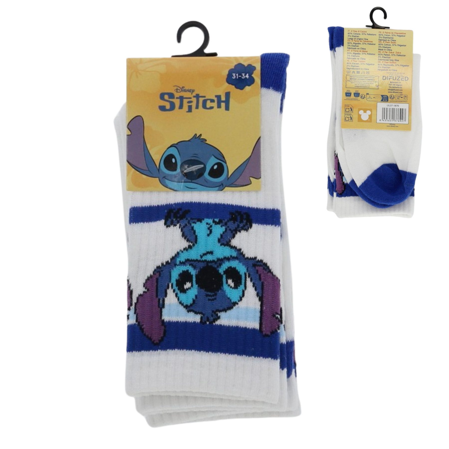 Lilo & Stitch Socken - 2'er Pack Kindersocken Sportsocken Baumwollmischung Weiß (2-Paar)