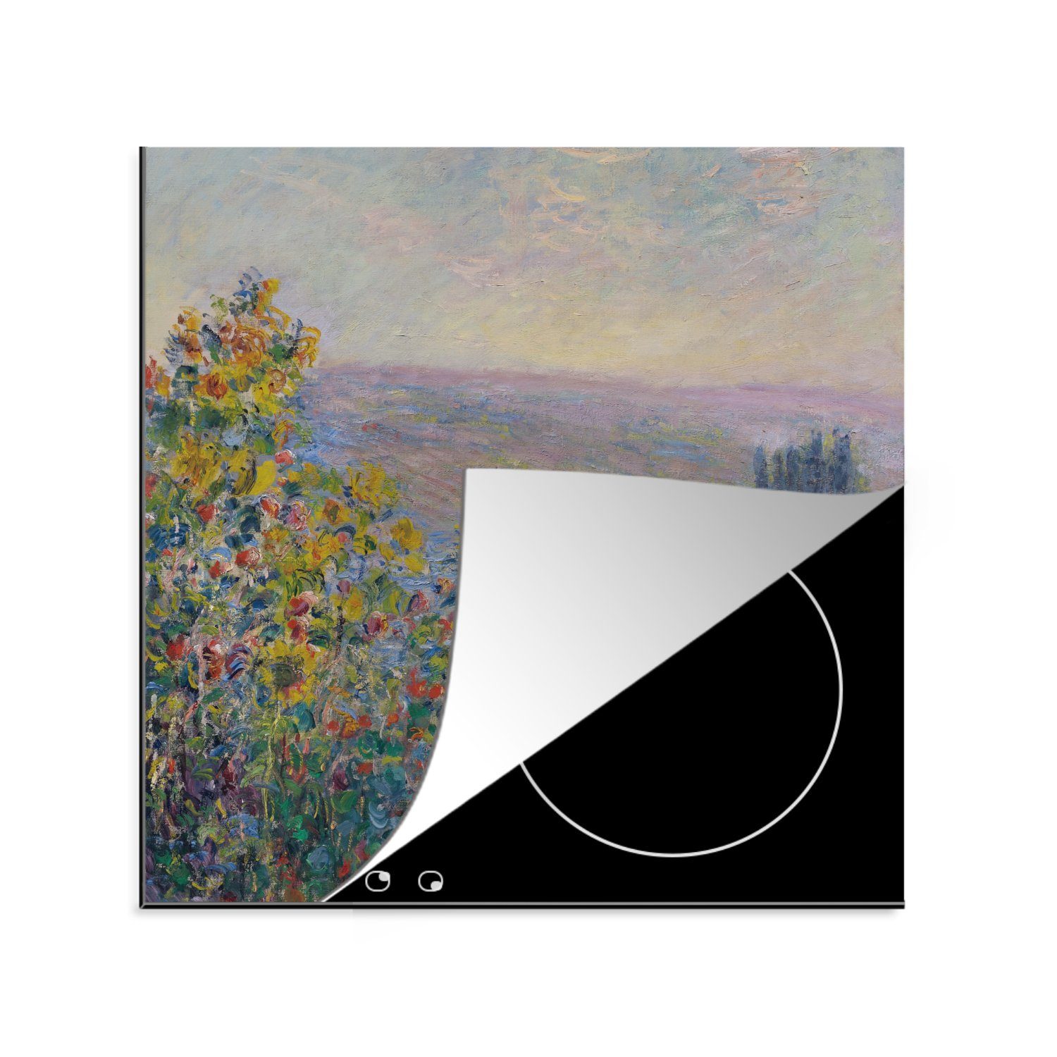 MuchoWow Herdblende-/Abdeckplatte Blumenbeete in Vetheuil - Gemälde von Claude Monet, Vinyl, (1 tlg), 78x78 cm, Ceranfeldabdeckung, Arbeitsplatte für küche