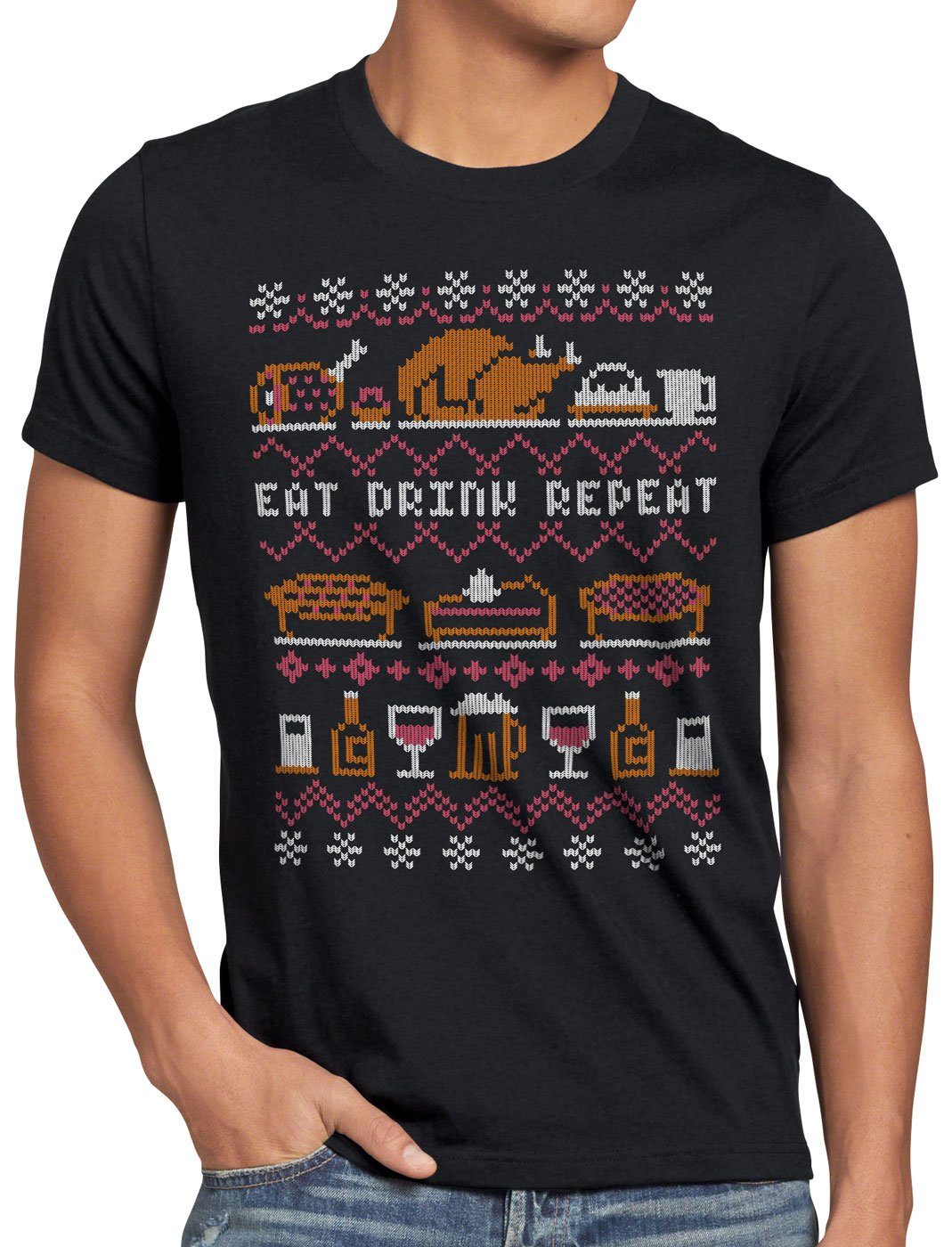 style3 Print-Shirt Herren T-Shirt Eat fressen Sweater Drink pulli Ugly schwarz feiertage weihnachtsessen Repeat x-mas