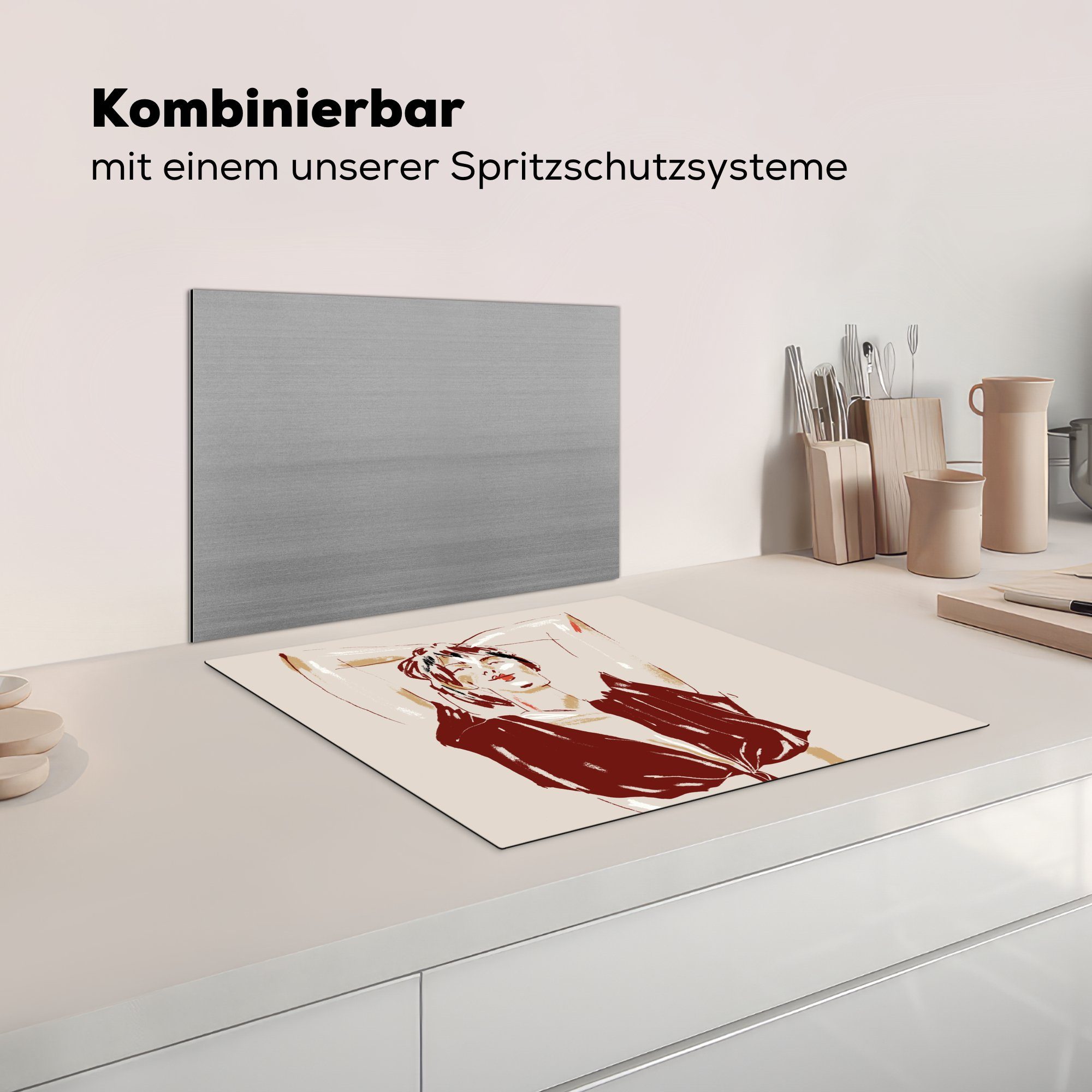 (1 - Porträt cm, Frau - nutzbar, Vinyl, Abstrakt, Mobile Arbeitsfläche Ceranfeldabdeckung Herdblende-/Abdeckplatte MuchoWow 60x52 - Rot tlg),