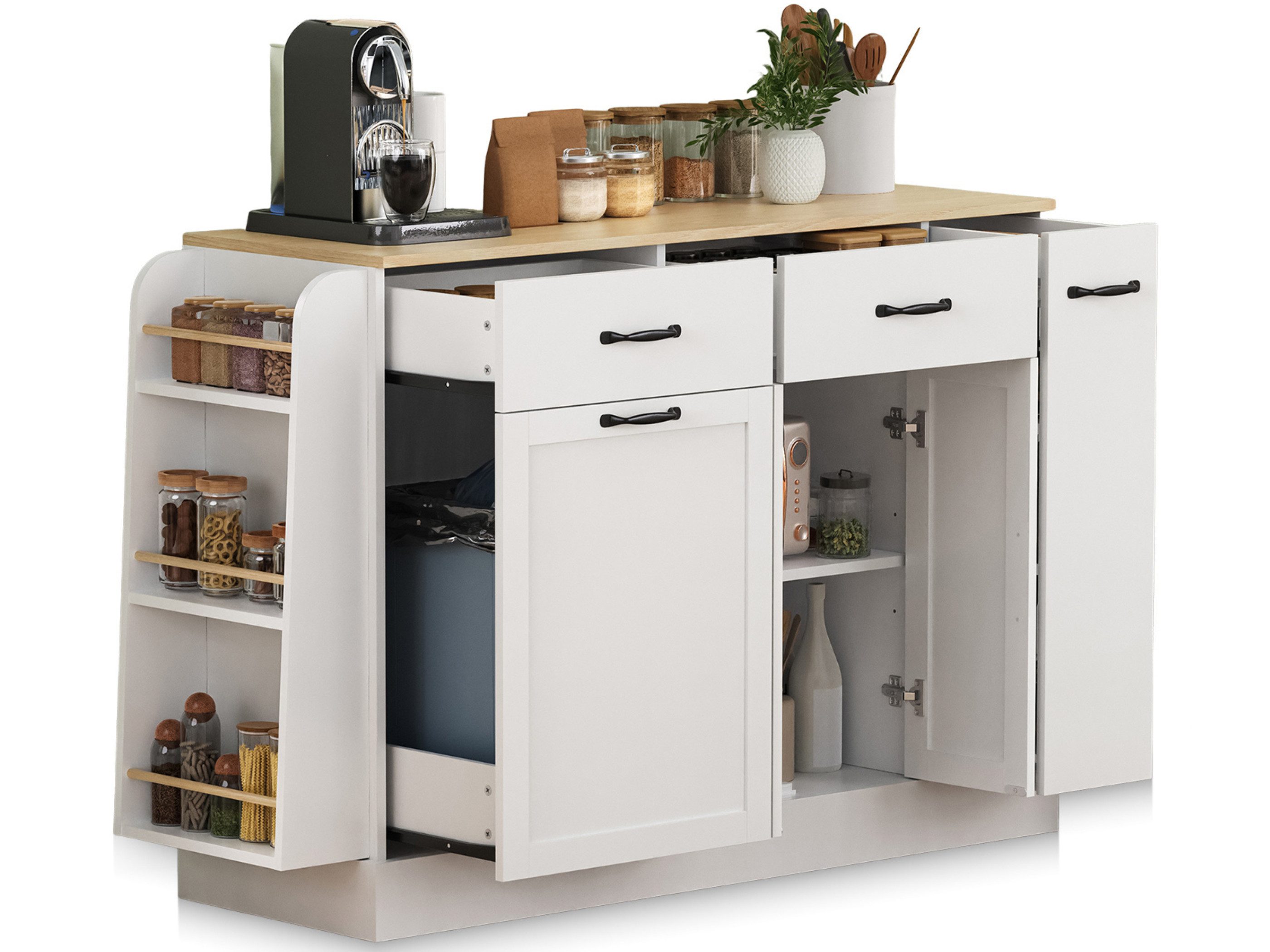 SeedWave Buffet 126cm Anrichte Küche Sideboard mit Ausziehbarem Abfallhälterfach Küchenschrank inkl. Gewürzboard & ausziehbare Regale