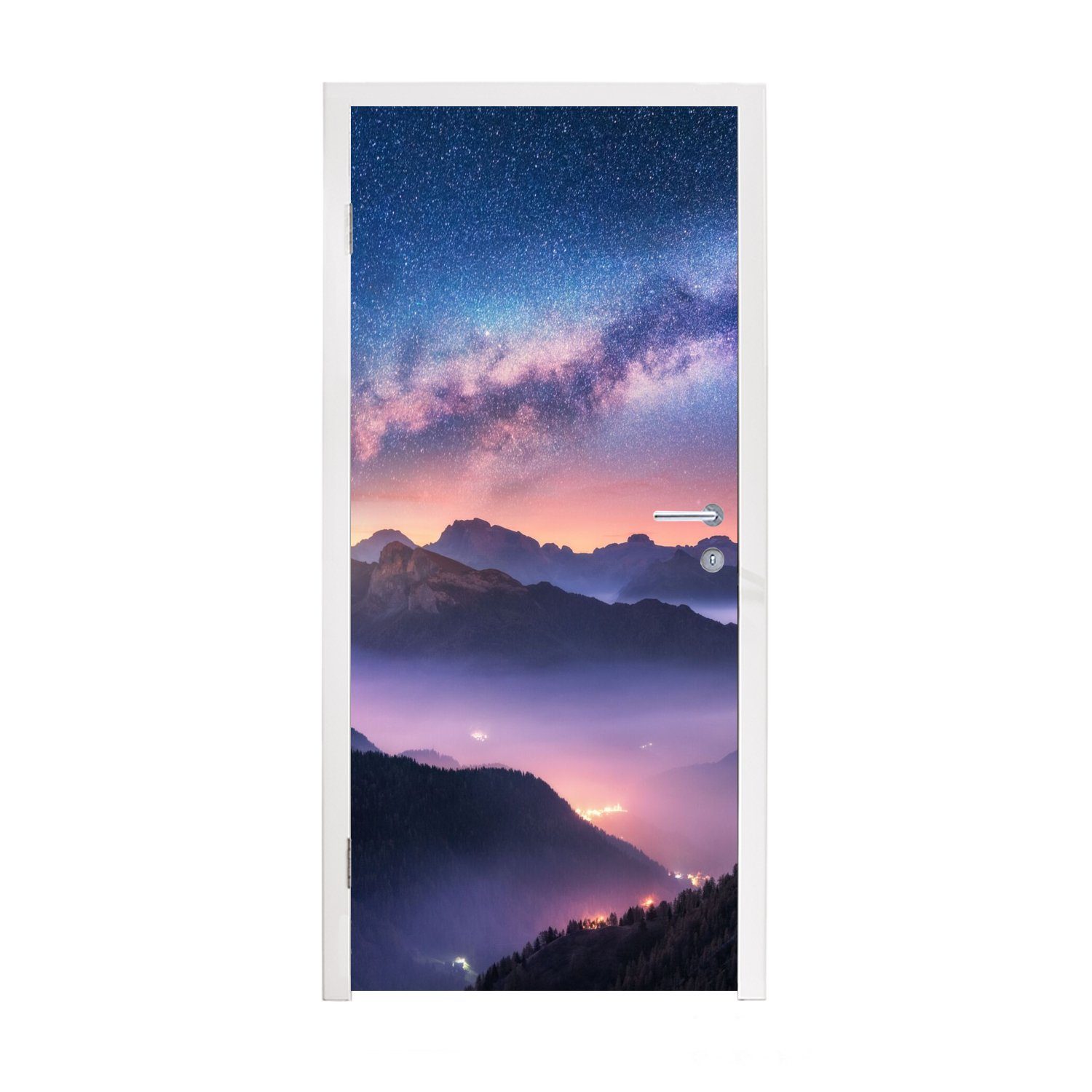 MuchoWow Türtapete Berge - Sternenhimmel - Nebel, Matt, bedruckt, (1 St), Fototapete für Tür, Türaufkleber, 75x205 cm