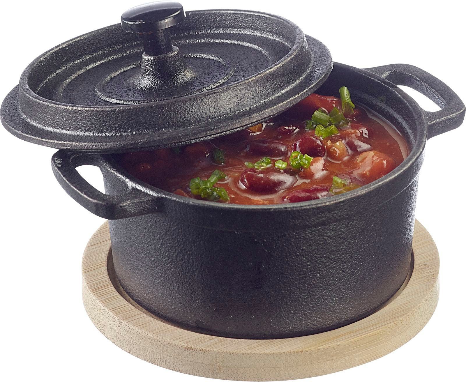 WESTMARK Kochtopf Tapas, Aluminiumguss, Tapas-Töpfchen inkl. Bambus-Untersetzer, 250 ml. Ø 11 cm, H. 5 cm