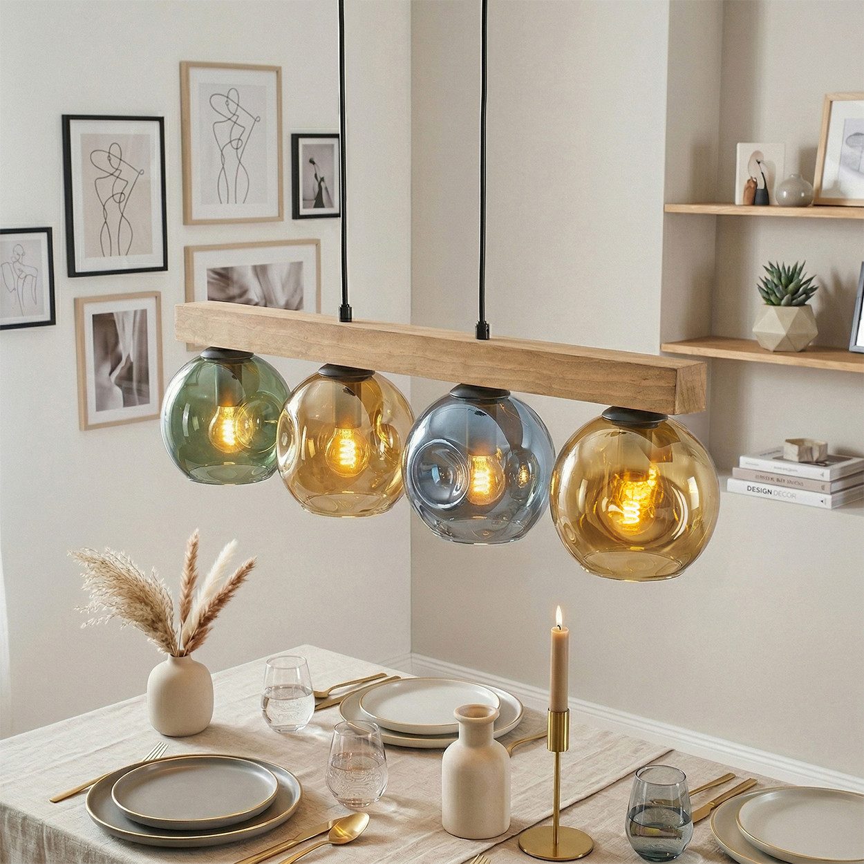 hofstein Hängeleuchte Hängelampe aus Metall/Holz/Glas in Schwarz/Natur/Blau/Grün/Goldfarben, moderne Pendelleuchte im Boho/Vintage-Design mit Holzbalken, 4 x E14