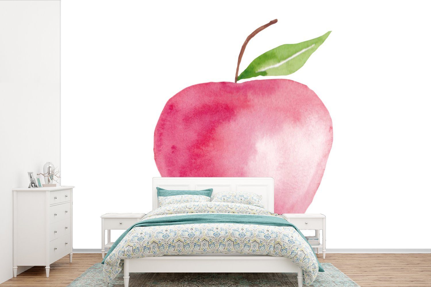 MuchoWow Fototapete Apfel - Obst - Weiß, Matt, bedruckt, (6 St), Wallpaper für Wohnzimmer, Schlafzimmer, Kinderzimmer, Vinyl Tapete