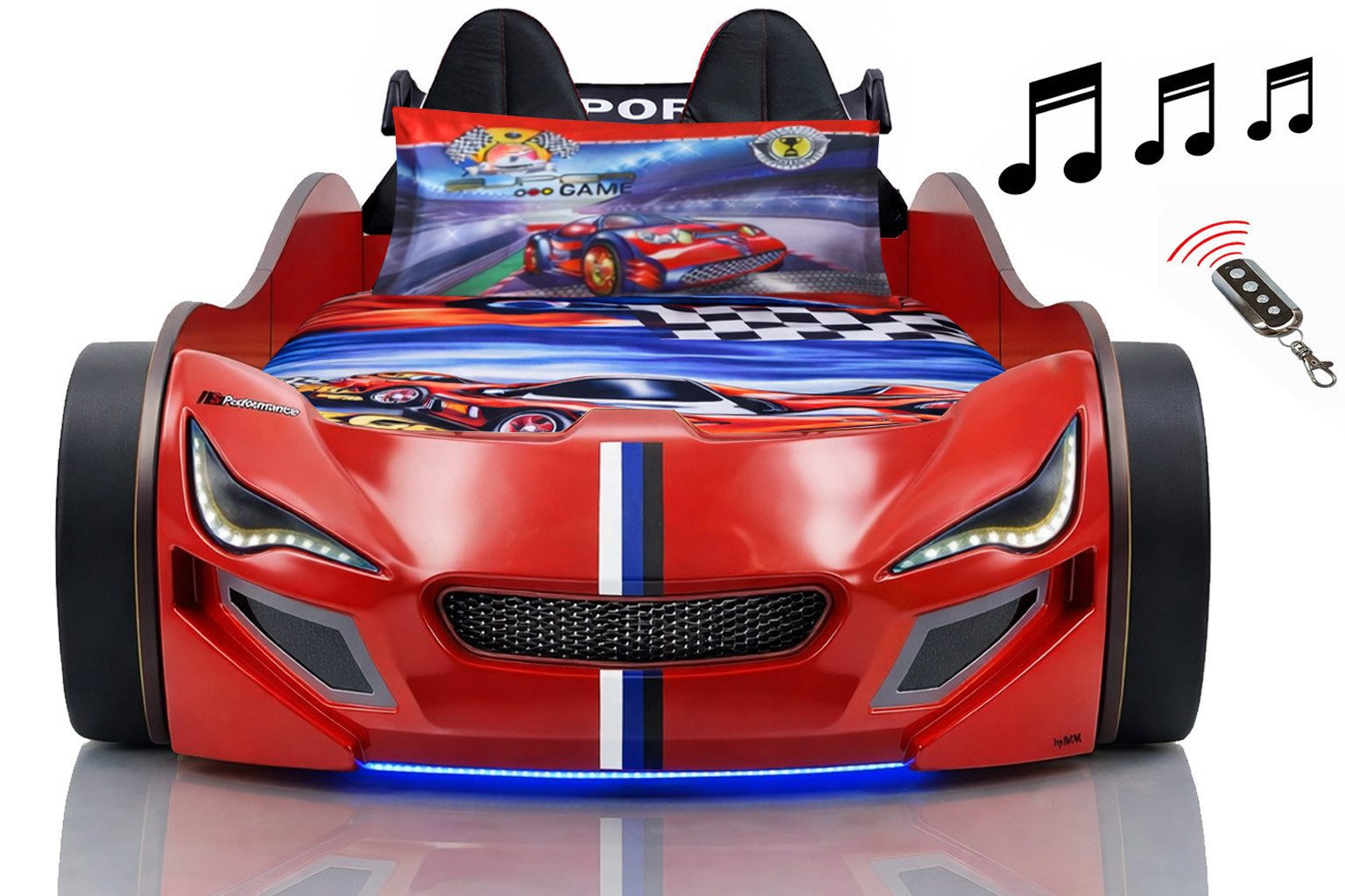 Aileenstore Autobett TURBO GTE (inkl. Zubehör), Kinderbett 90x200, Lattenrost,LED,Unterbodenlicht,Sound,Fernbedienung