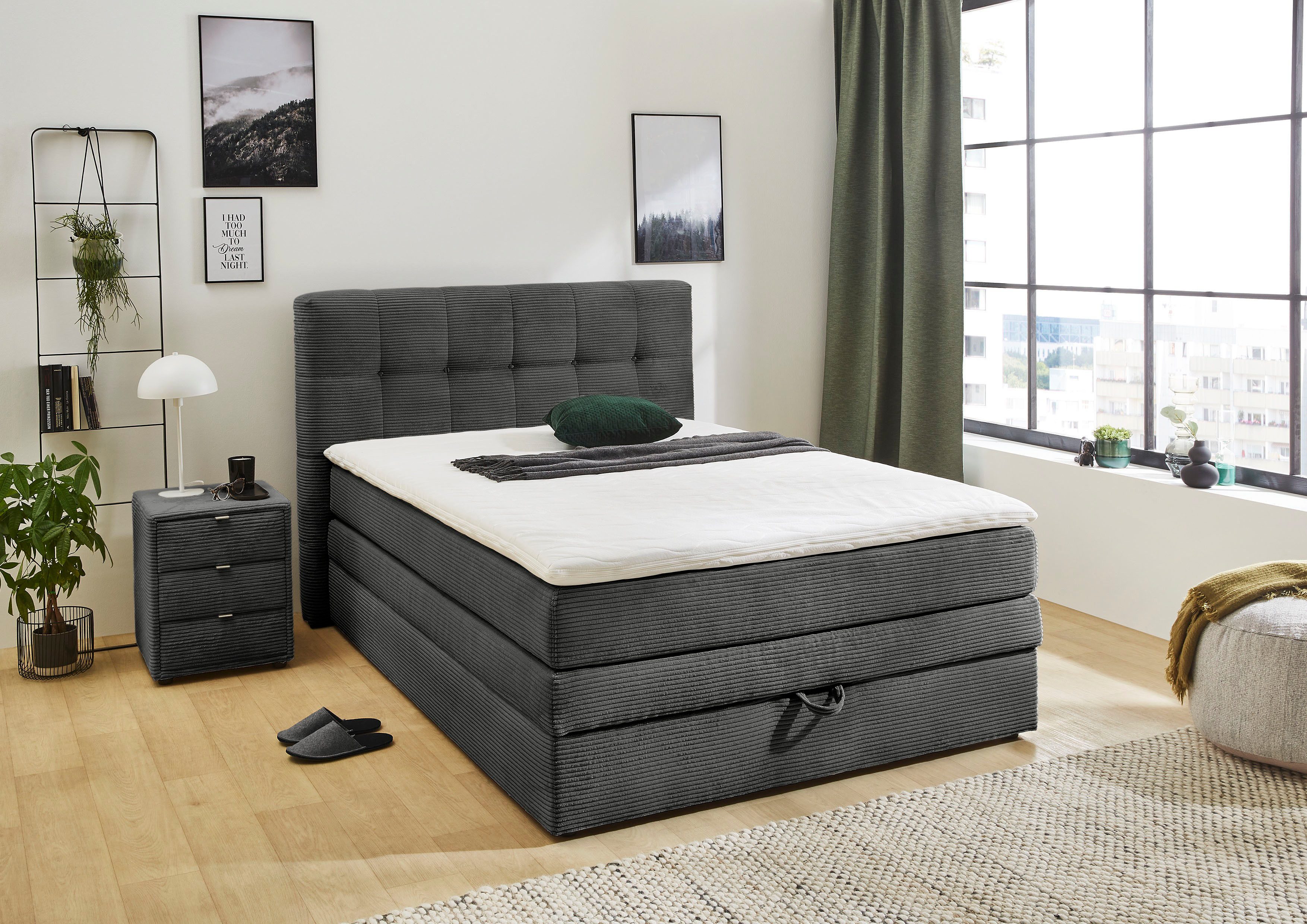 Jockenhöfer Gruppe Boxspringbett AMY mit Bettkasten, inkl. Bonnell- oder Taschenfederkernmatratze H2-H4, mit 6 cm Kaltschaum-Topper, Cord-Bezug, 120x200 und 140x200 cm