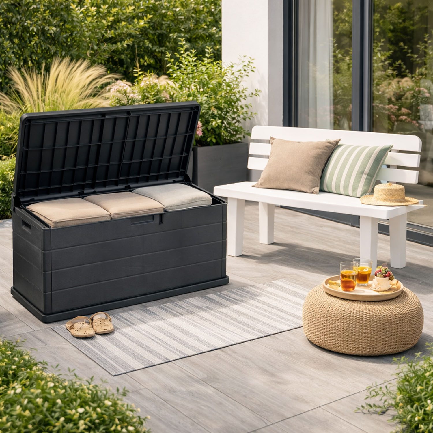 Mojawo Auflagenbox XL Auflagenbox Sitzbank 2 Personen Kunststoff Anthrazit 340L