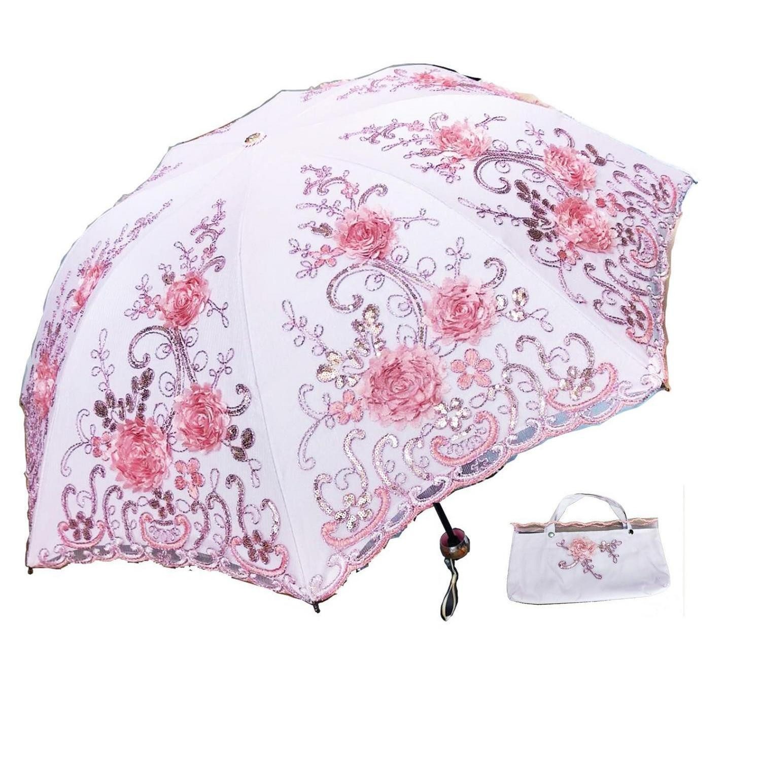 LuxusKollektion Taschenregenschirm Regenschirm Spitzenstickerei 3D-Blumen Pink