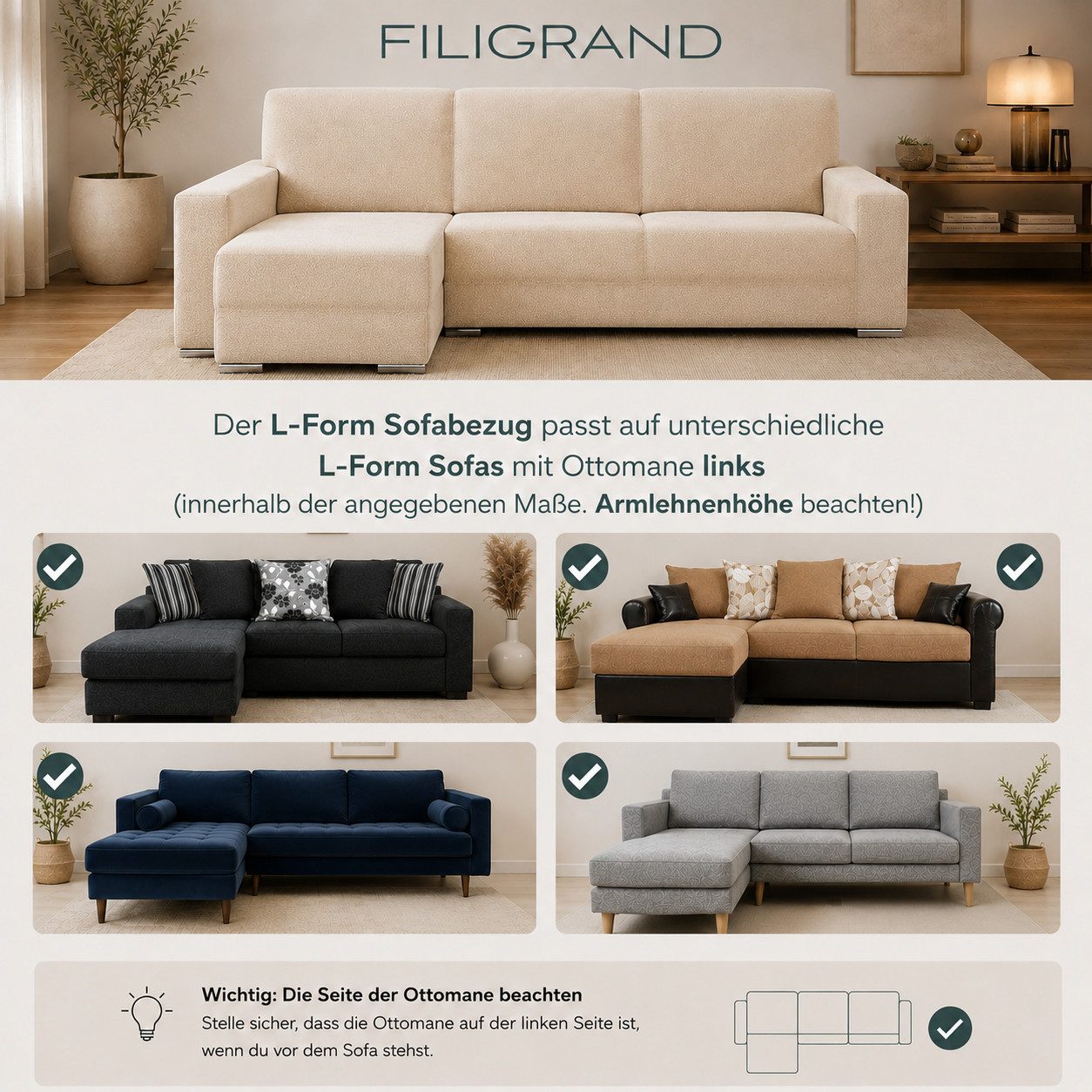 Belmarti Sofahusse 1-teiliger Sofabezug für L-Form mit Ottomane, hergestellt in Spanien, elastisches Material, hochwertiger und langlebiger Baumwollmix – Bild 5 von 5