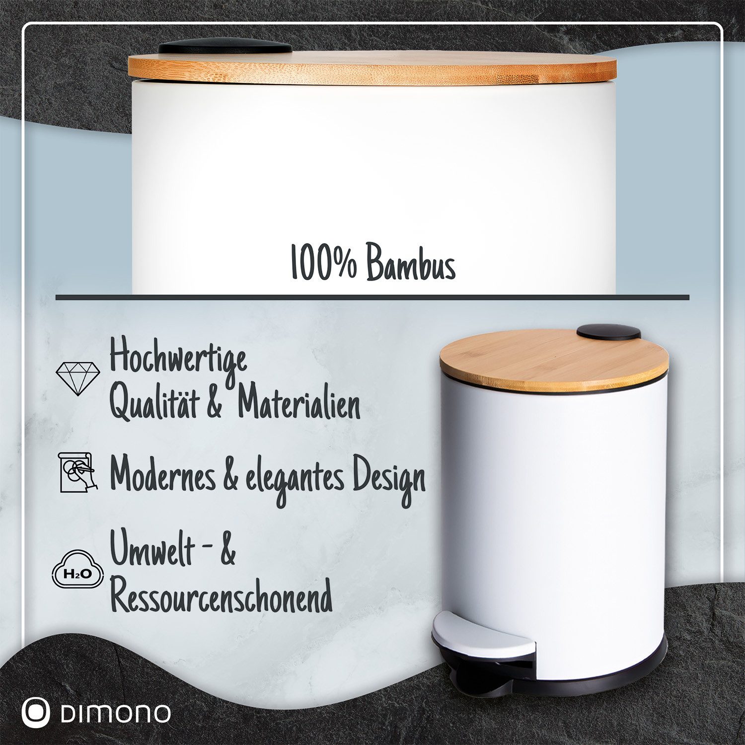Dimono Mülleimer DIMONO Treteimer – 3L & 5L Kosmetikeimer für Bad, Zuhause & Büro, 3 und 5 Liter Tret-Eimer mit Bambus-Deckel – Bild 2 von 5